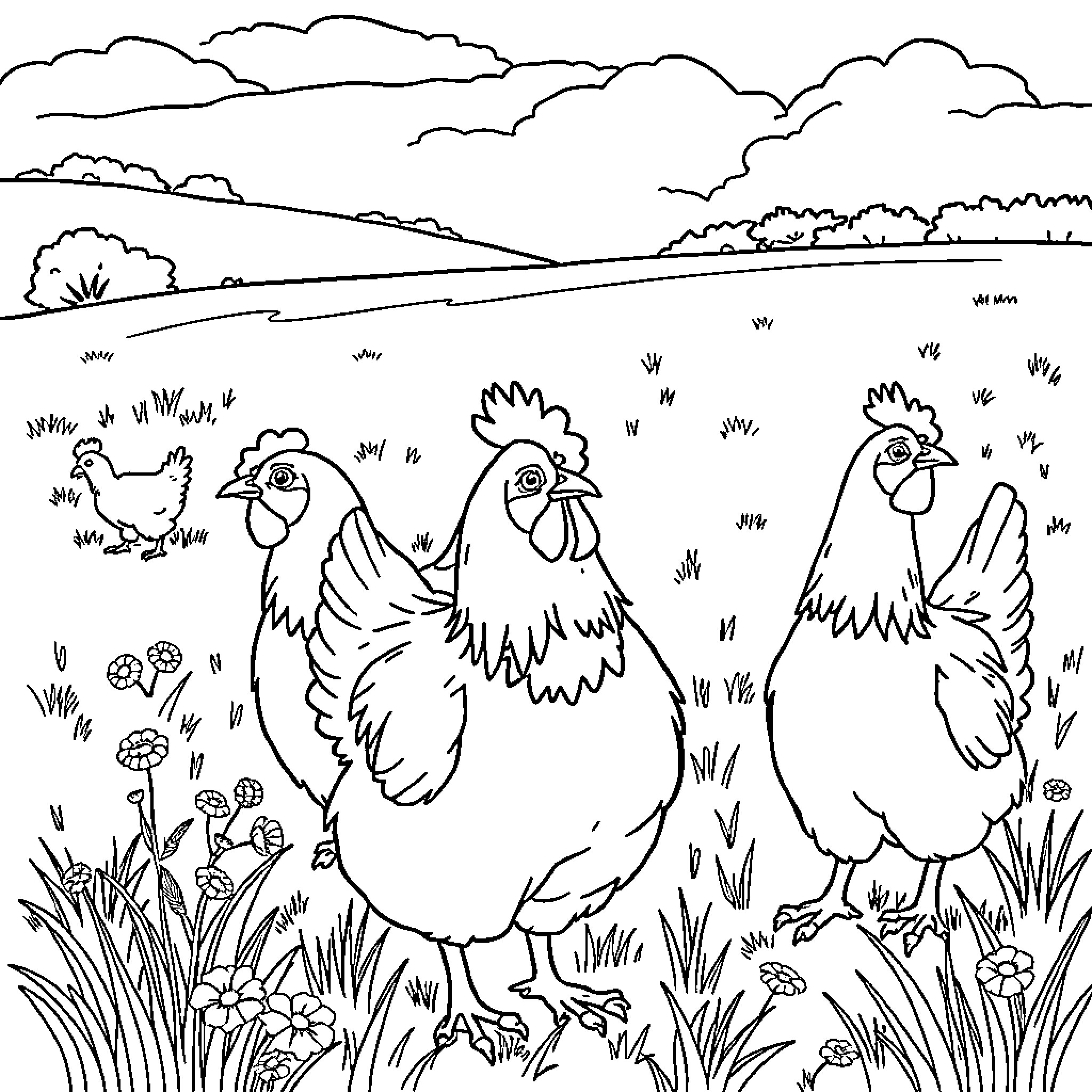 Chicken Farm Scene with Roosters and Hens Coloring Page (free black-and-white line drawing printable PDF for all, from beginners to advanced learners, including children, teens, adults, and seniors)