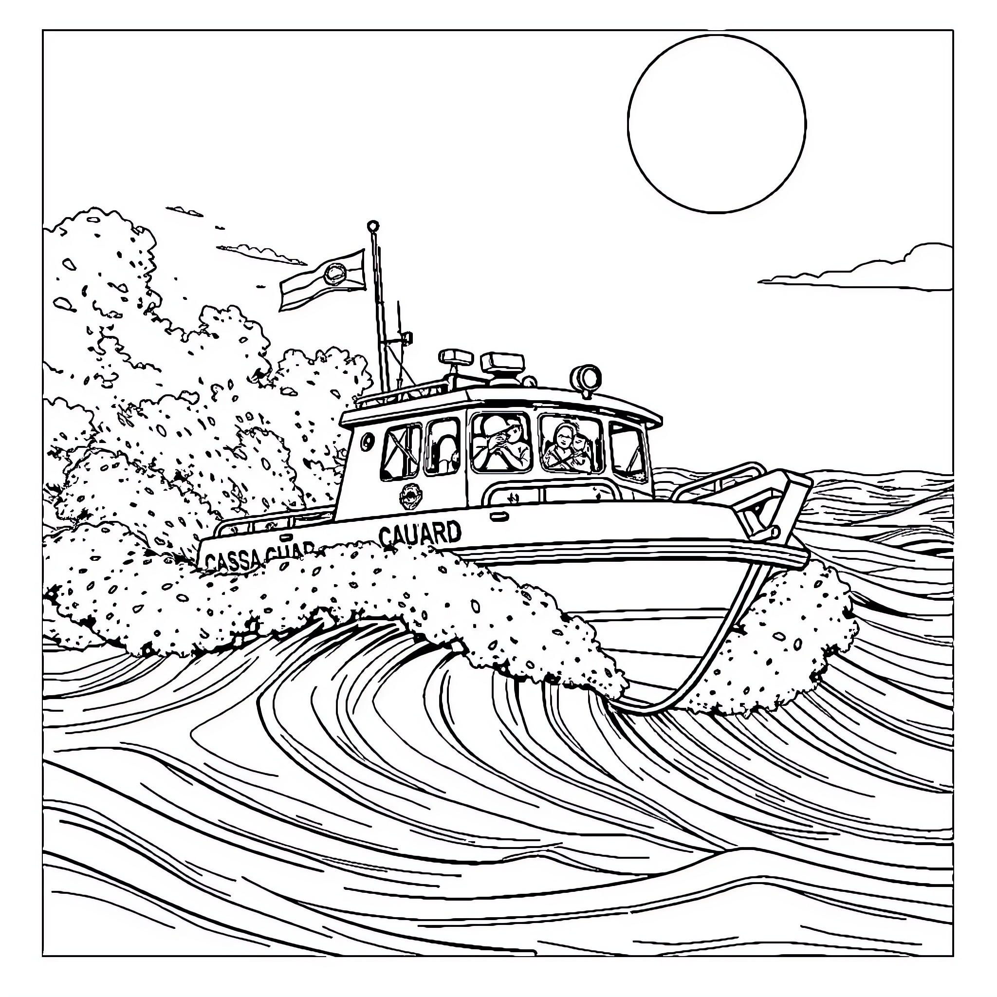 Boat sailing through rough waves near shore Coloring Page (free black-and-white line drawing printable PDF for all, from beginners to advanced learners, including children, teens, adults, and seniors)