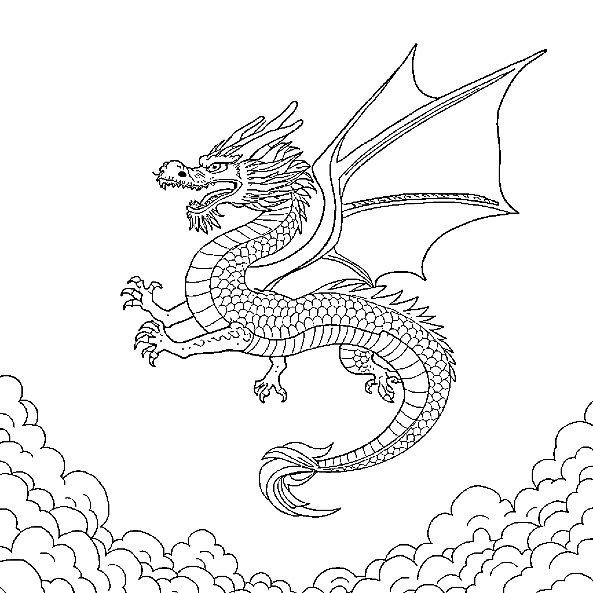 Dragon flying through the cloudy skies Coloring Page (free black-and-white line drawing printable PDF for all, from beginners to advanced learners, including children, teens, adults, and seniors)