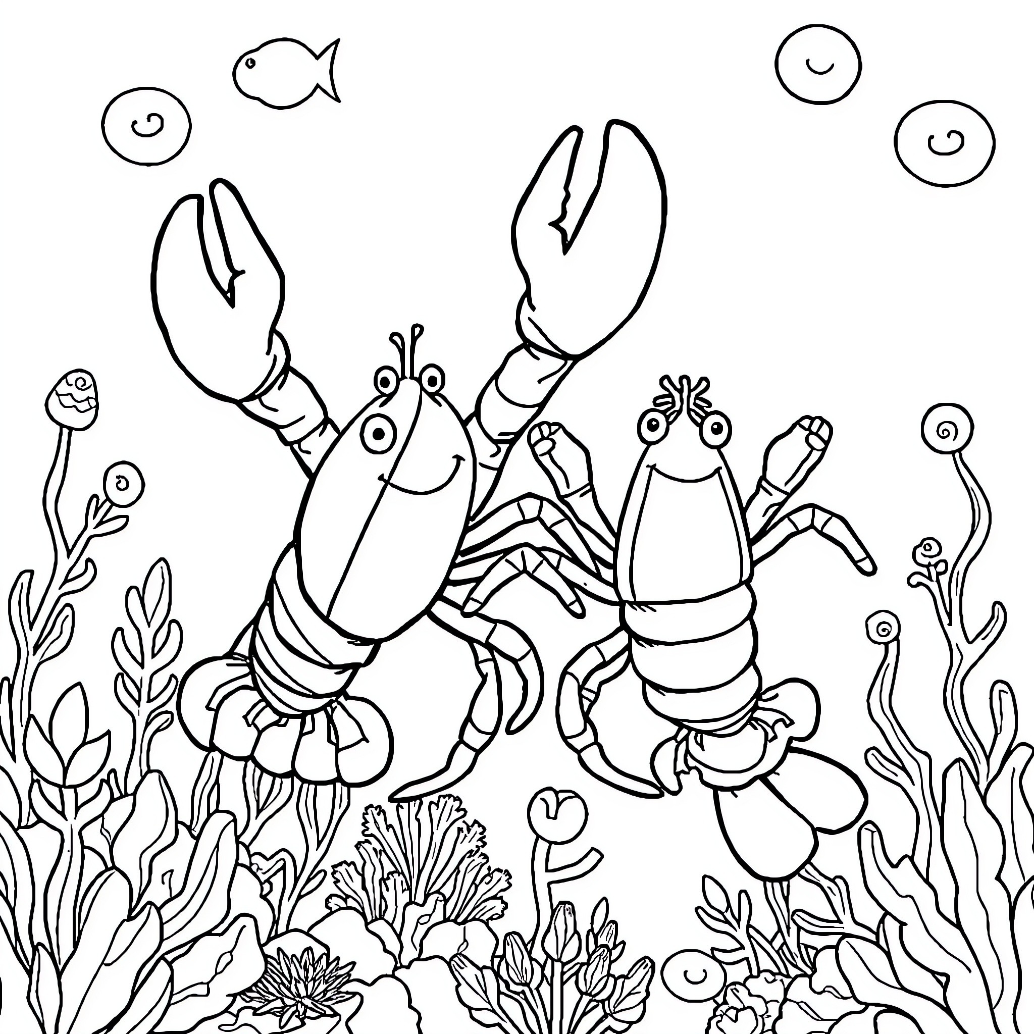 Lobster Underwater Adventure with Friendly Sea Creatures Coloring Page (free black-and-white line drawing printable PDF for all, from beginners to advanced learners, including children, teens, adults, and seniors)