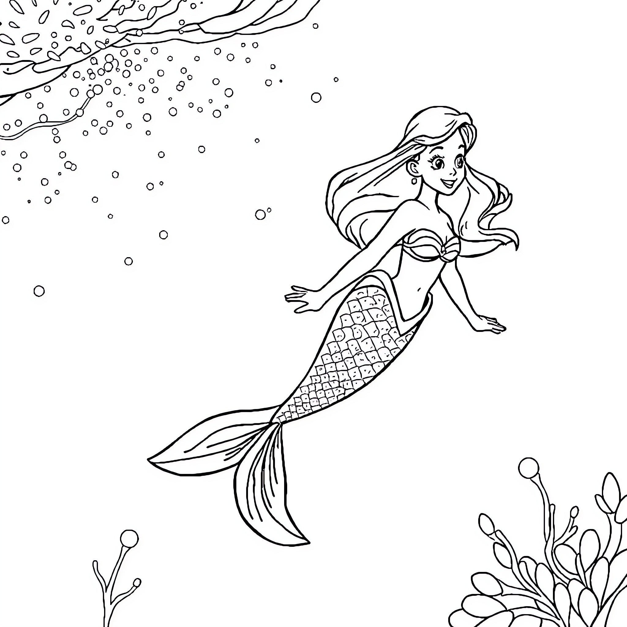 Mermaid swimming gracefully among bubbles and sea life Coloring Page (free black-and-white line drawing printable PDF for all, from beginners to advanced learners, including children, teens, adults, and seniors)
