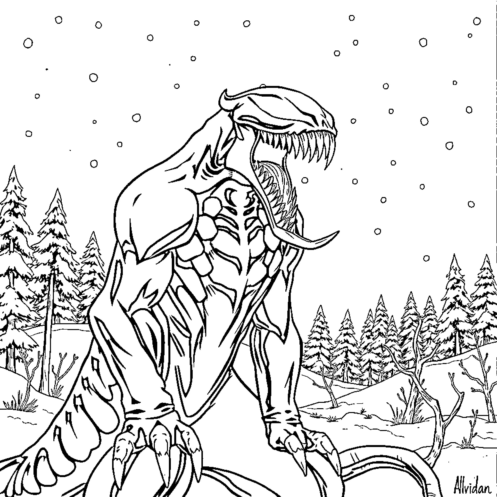Venom Unleashed in Snowy Forest Coloring Page (free black-and-white line drawing printable PDF for all, from beginners to advanced learners, including children, teens, adults, and seniors)