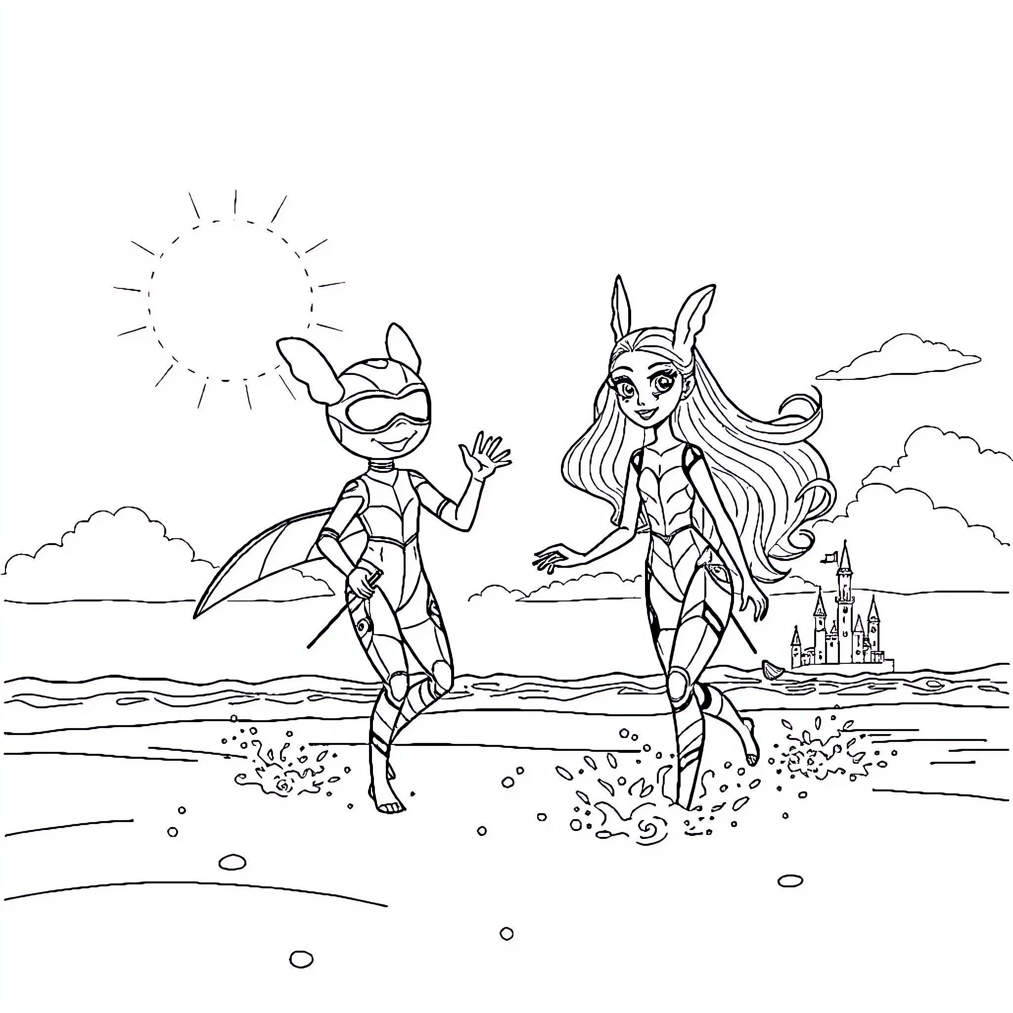 Paw Patrol and Mermaid Barbie playing happily by the sea Coloring Page (free black-and-white line drawing printable PDF for all, from beginners to advanced learners, including children, teens, adults, and seniors)