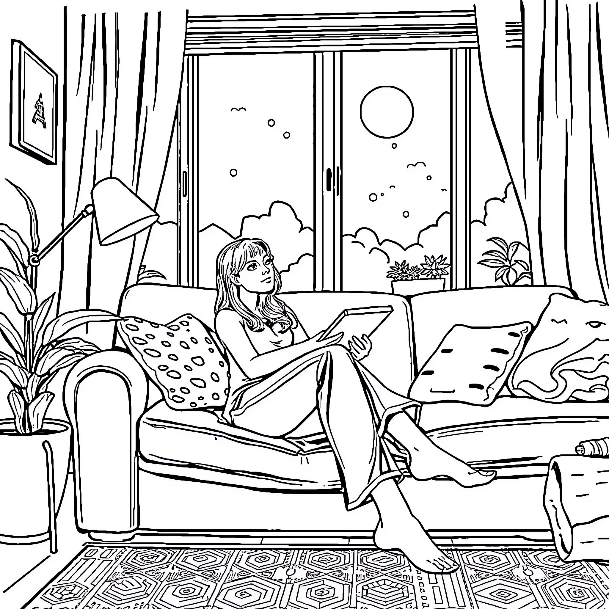 Anael relaxing peacefully in cozy living room Coloring Page (free black-and-white line drawing printable PDF for all, from beginners to advanced learners, including children, teens, adults, and seniors)