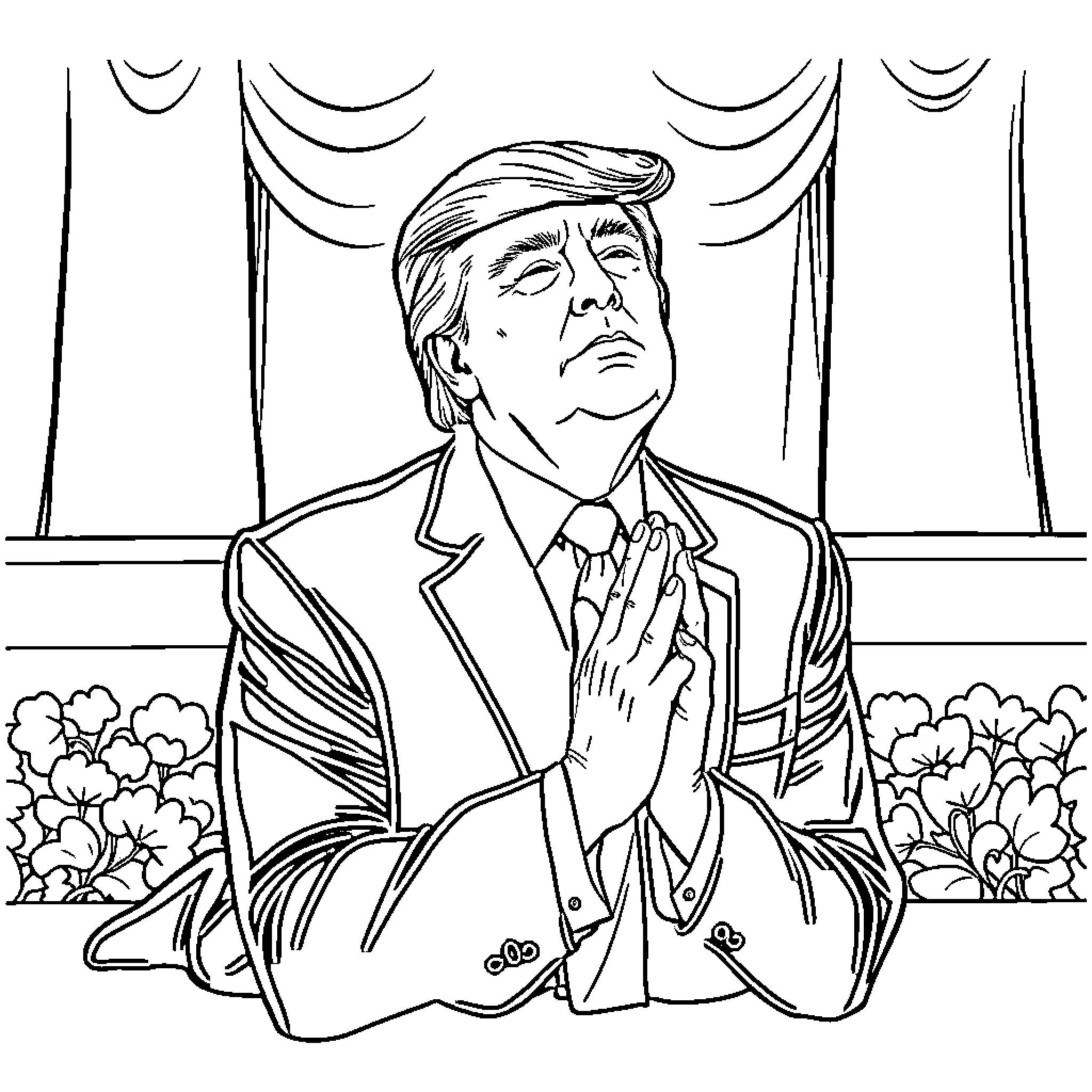 Donald Trump in a contemplative pose on stage Coloring Page (free black-and-white line drawing printable PDF for all, from beginners to advanced learners, including children, teens, adults, and seniors)
