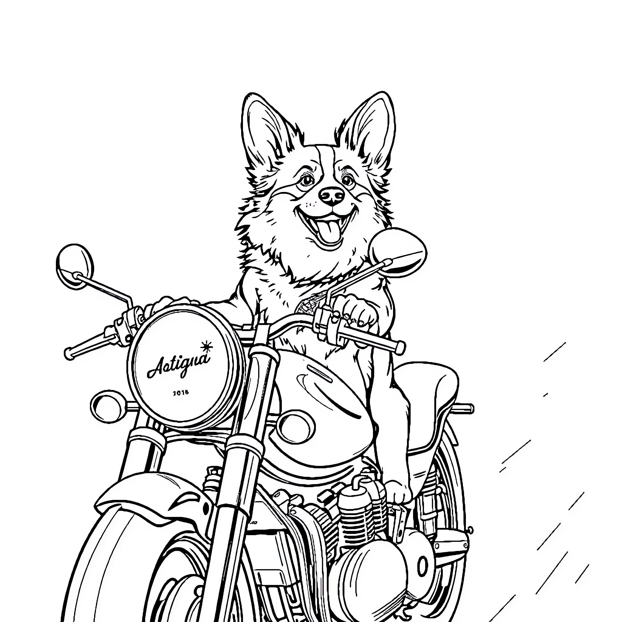 Corgi riding a motorcycle happily Coloring Page (free black-and-white line drawing printable PDF for all, from beginners to advanced learners, including children, teens, adults, and seniors)