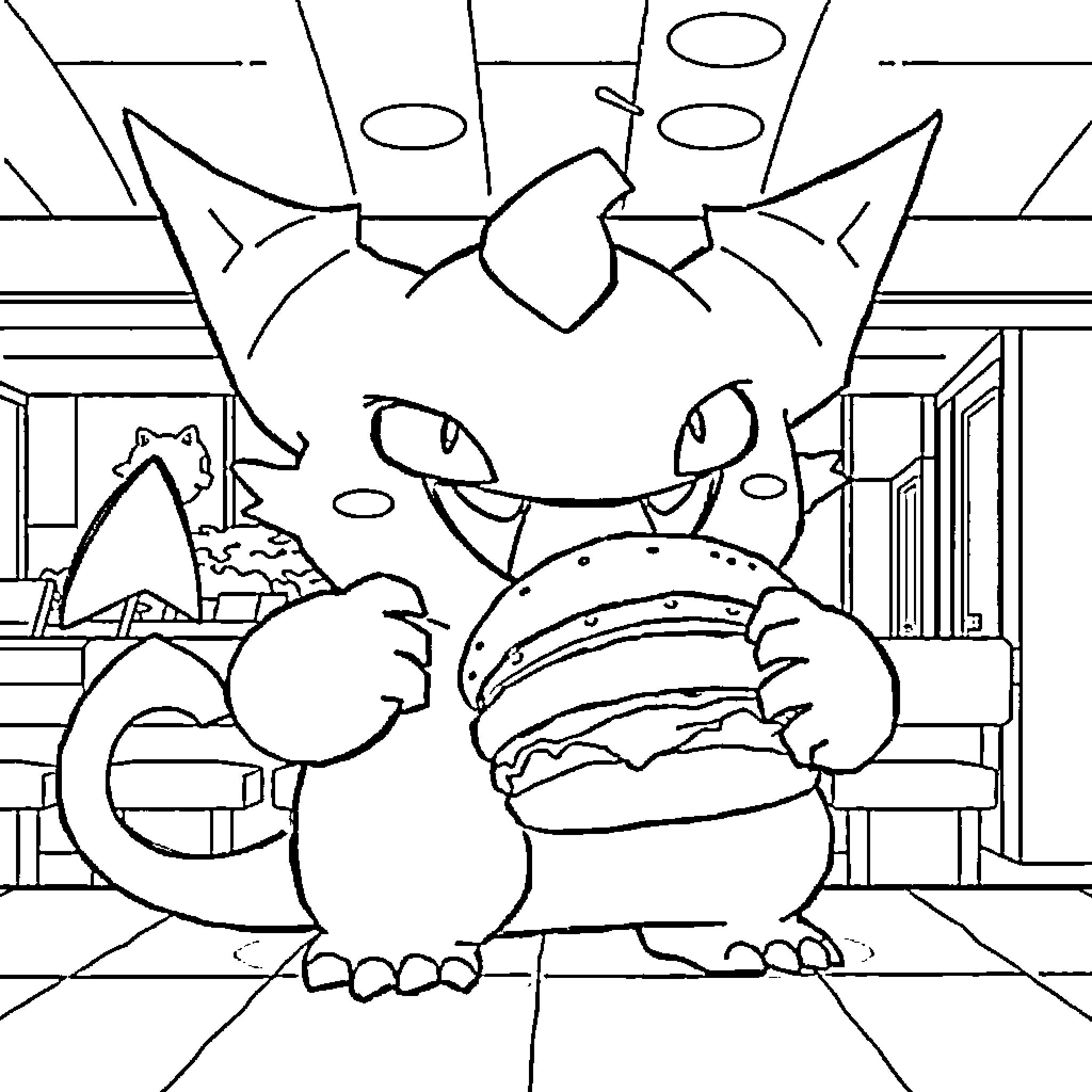 Gengar enjoying a delicious burger in a cartoon setting Coloring Page (free black-and-white line drawing printable PDF for all, from beginners to advanced learners, including children, teens, adults, and seniors)