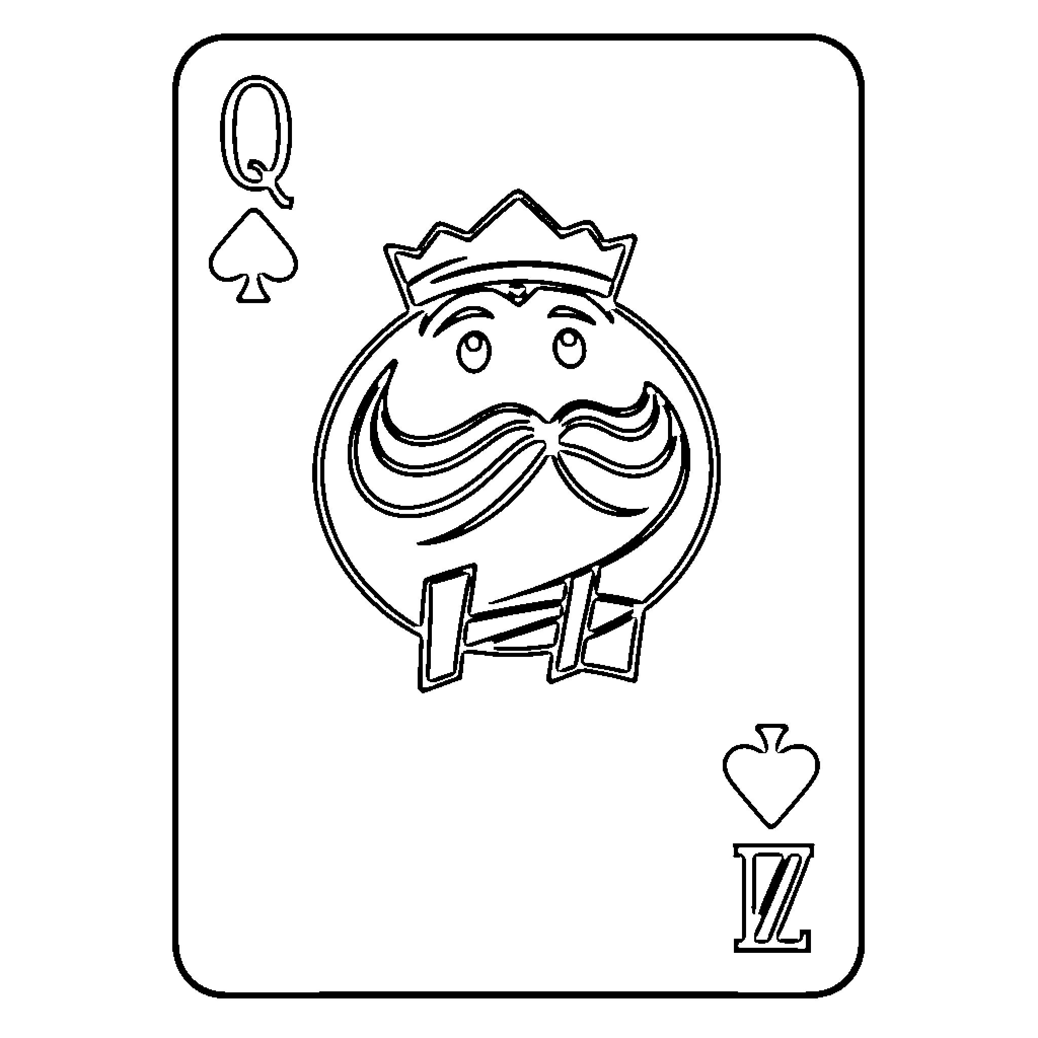 Queen of spades playing card with a stylized face Coloring Page (free black-and-white line drawing printable PDF for all, from beginners to advanced learners, including children, teens, adults, and seniors)