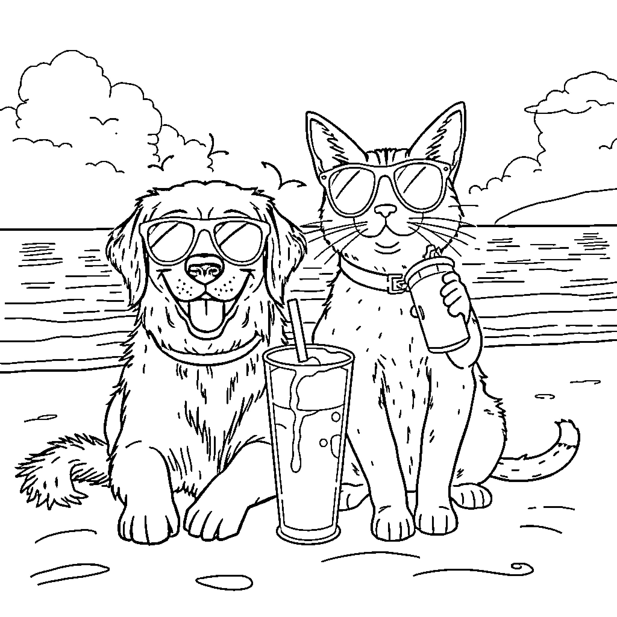 Dog and Cat Enjoying Summer Beach Day Coloring Page (free black-and-white line drawing printable PDF for all, from beginners to advanced learners, including children, teens, adults, and seniors)