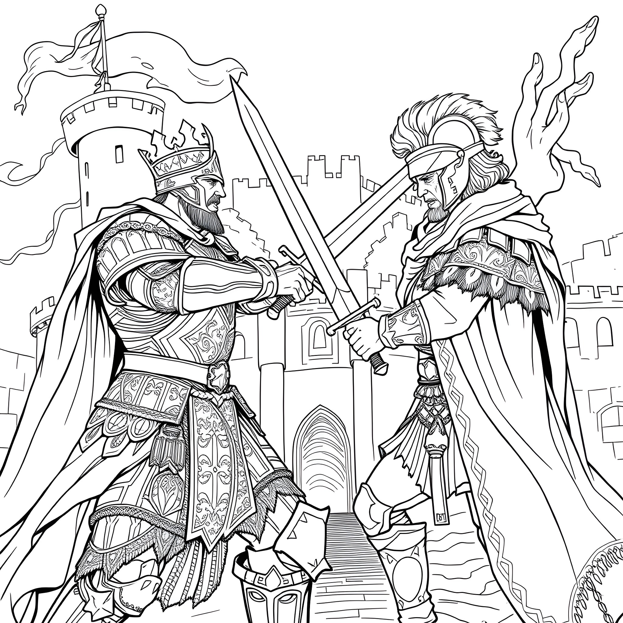 King's Brave Warriors Guarding the Castle Gates Coloring Page (free black-and-white line drawing printable PDF for all, from beginners to advanced learners, including children, teens, adults, and seniors)