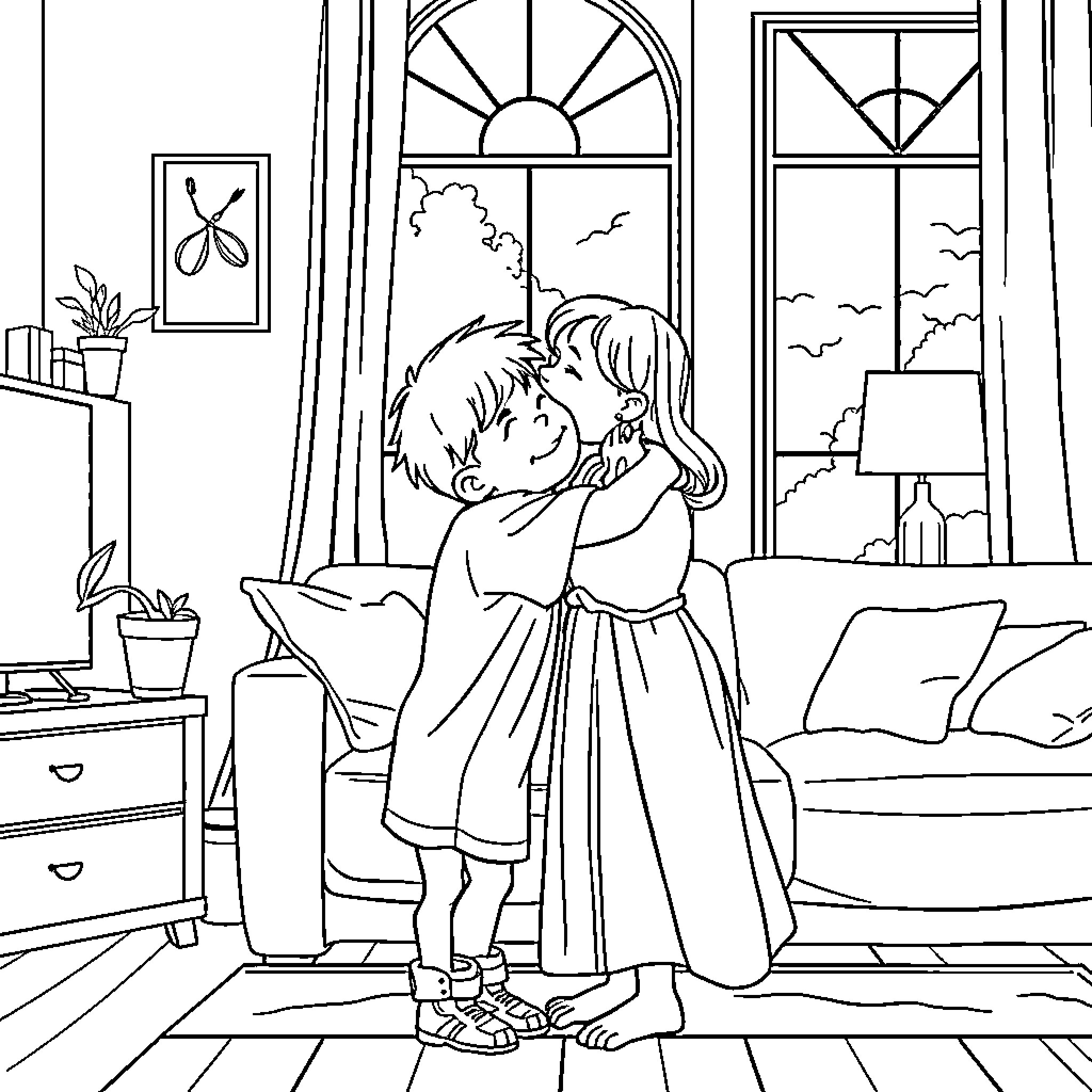 Boy and girl playing dress-up in cozy room Coloring Page (free black-and-white line drawing printable PDF for all, from beginners to advanced learners, including children, teens, adults, and seniors)