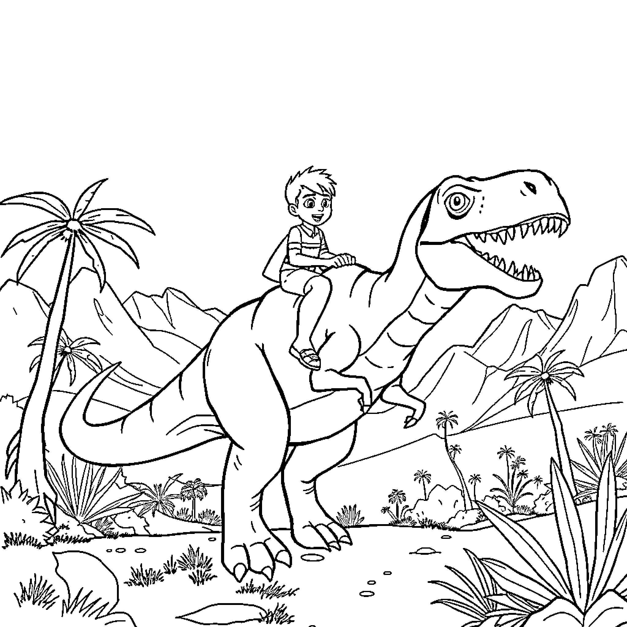 Ben 10 riding a fierce dinosaur in a lush jungle setting Coloring Page (free black-and-white line drawing printable PDF for all, from beginners to advanced learners, including children, teens, adults, and seniors)
