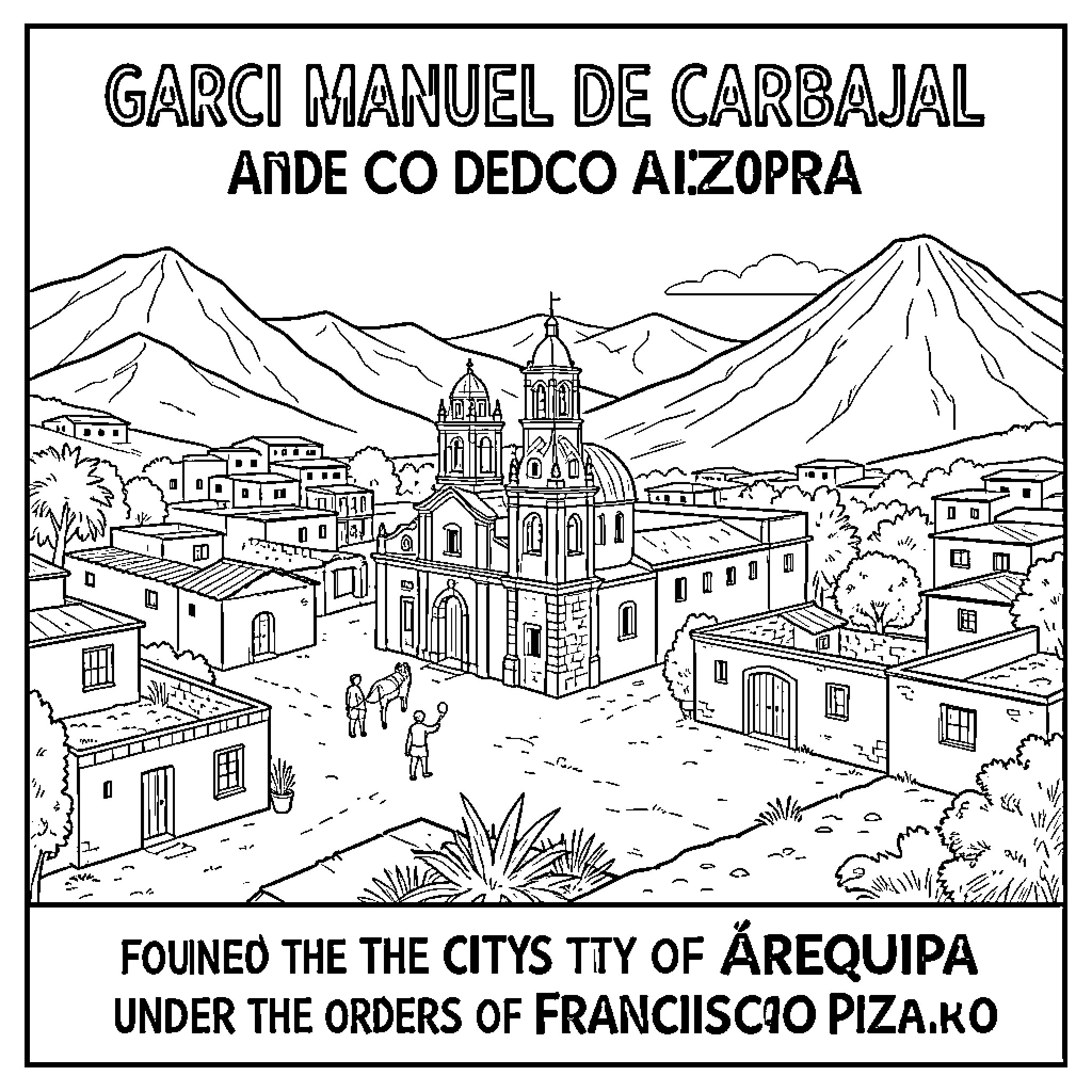 Garci Manuel de Carbajal overlooking a colonial town scene Coloring Page (free black-and-white line drawing printable PDF for all, from beginners to advanced learners, including children, teens, adults, and seniors)