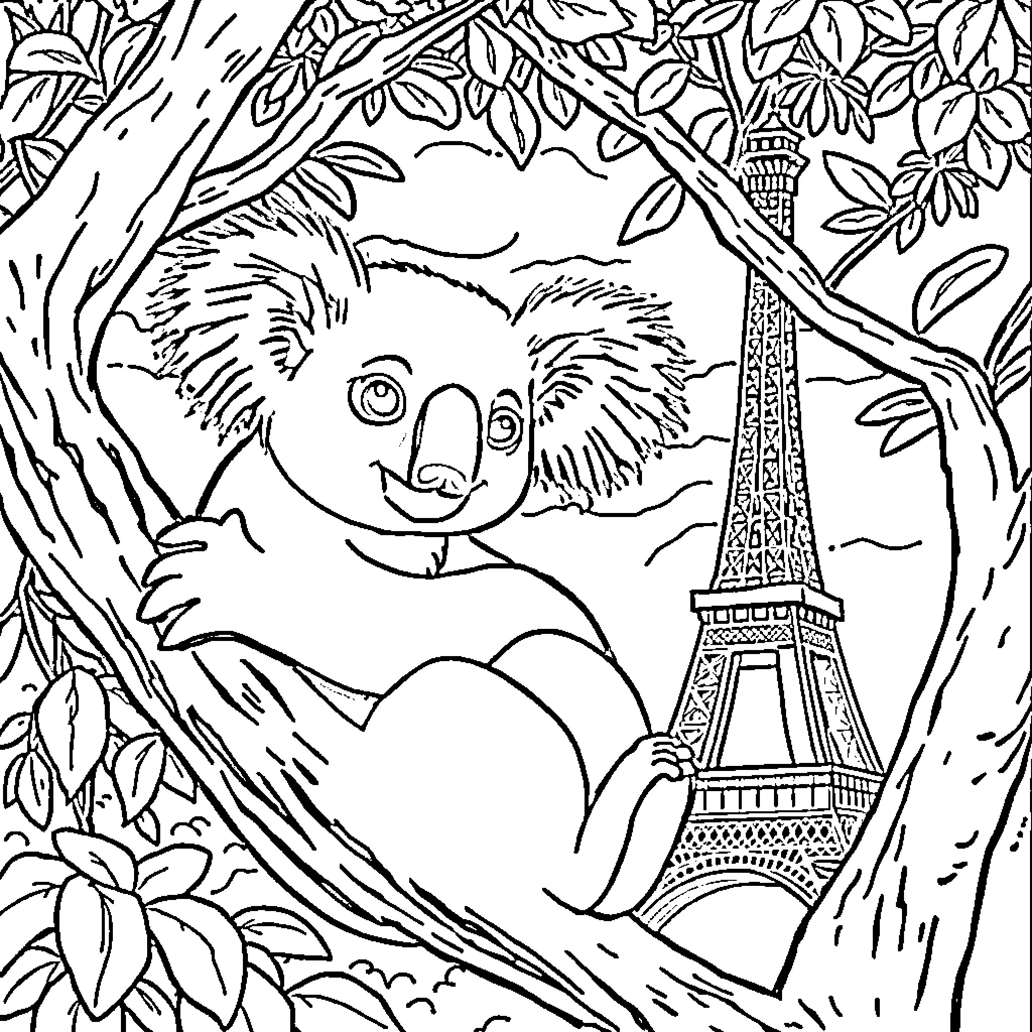 Koala exploring the Eiffel Tower in the forest Coloring Page (free black-and-white line drawing printable PDF for all, from beginners to advanced learners, including children, teens, adults, and seniors)