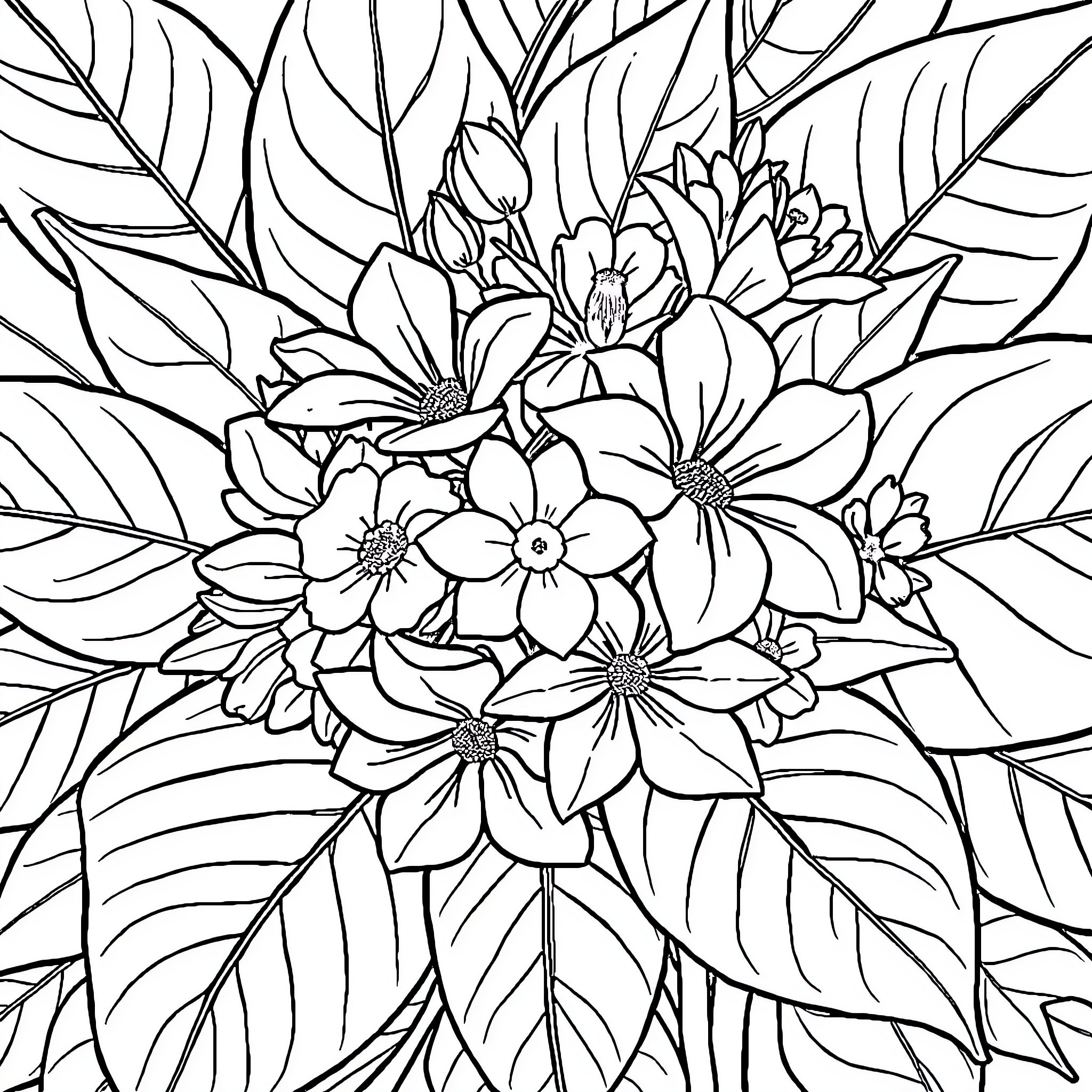 Flower Bouquet with Vibrant Blooms Coloring Page (free black-and-white line drawing printable PDF for all, from beginners to advanced learners, including children, teens, adults, and seniors)