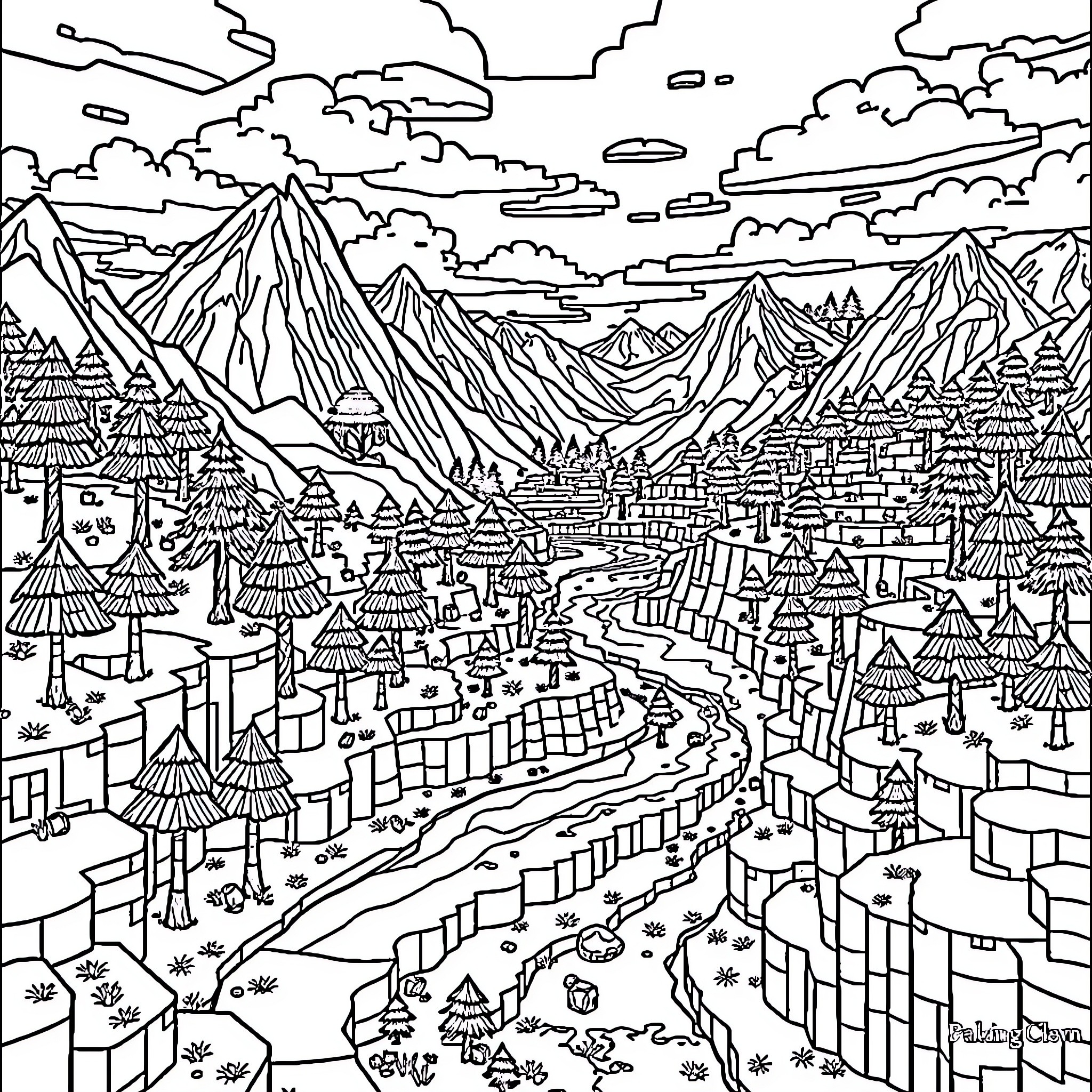 Minecraft Mountainous Landscape with Winding River Coloring Page (free black-and-white line drawing printable PDF for all, from beginners to advanced learners, including children, teens, adults, and seniors)
