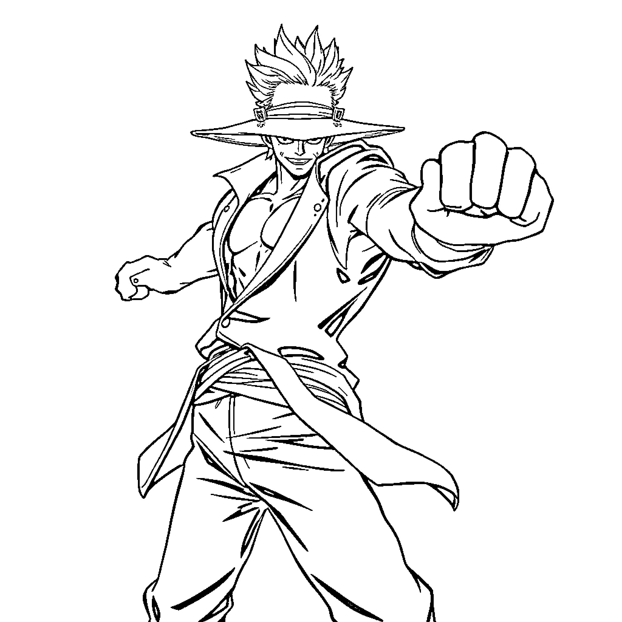 Zoro in a Fiery Martial Arts Stance Coloring Page (free black-and-white line drawing printable PDF for all, from beginners to advanced learners, including children, teens, adults, and seniors)