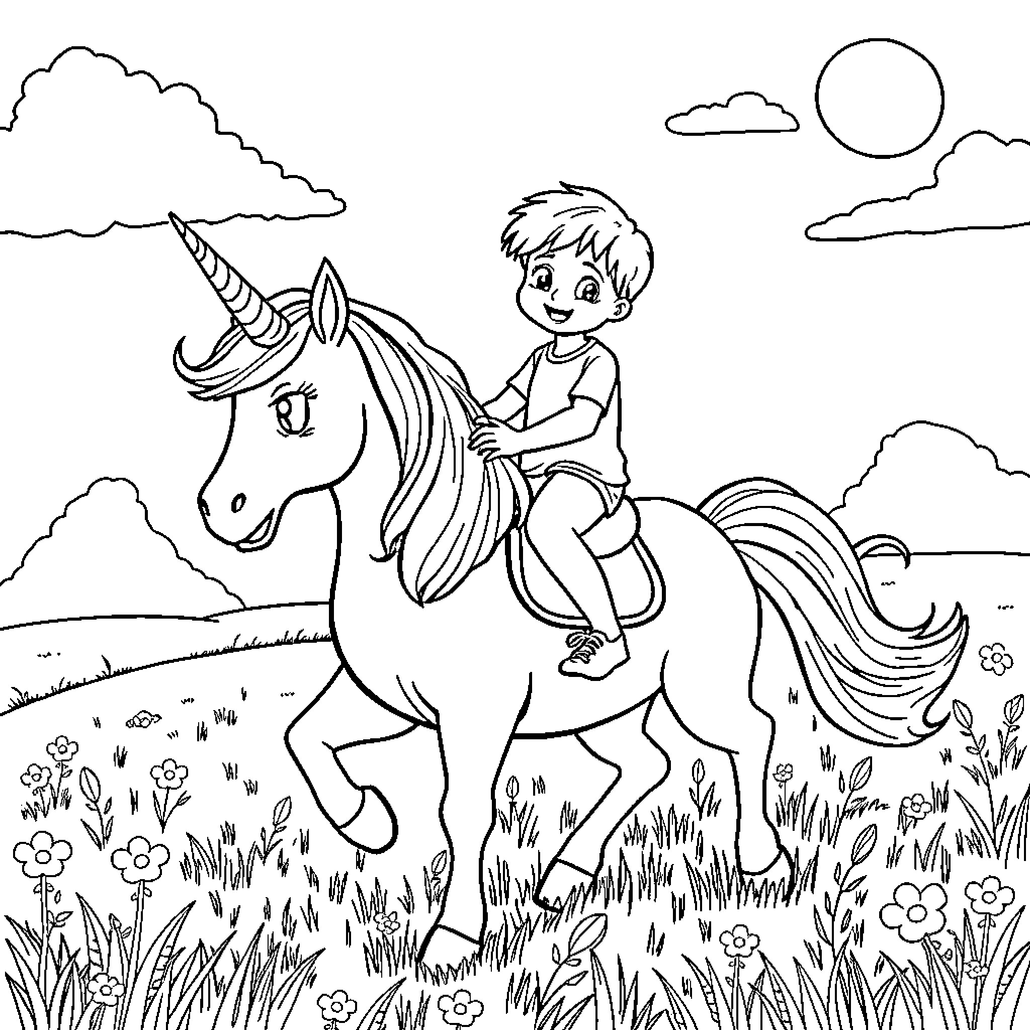 Unicorn and child playing in a meadow Coloring Page (free black-and-white line drawing printable PDF for all, from beginners to advanced learners, including children, teens, adults, and seniors)