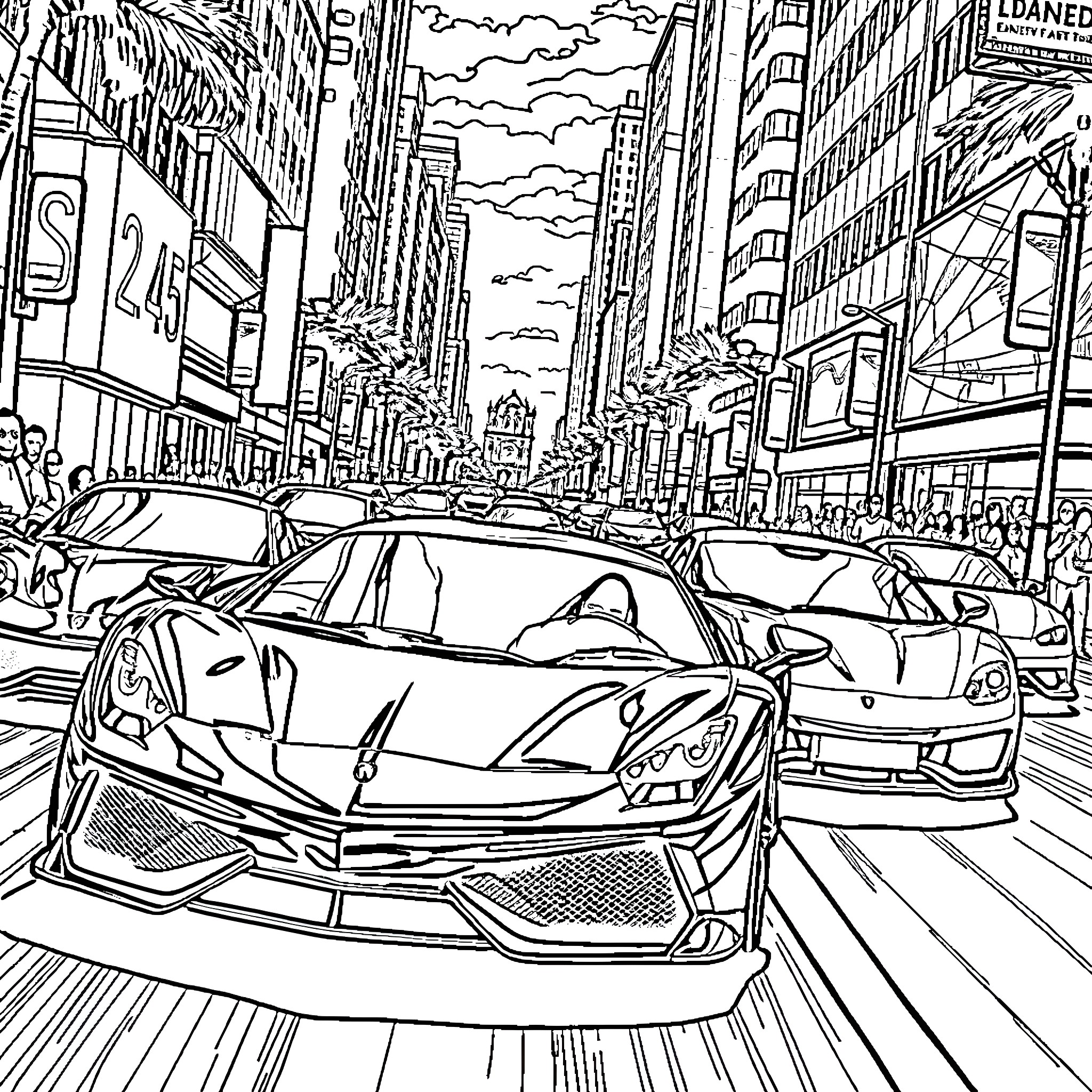 Supercars speeding through the city streets Coloring Page (free black-and-white line drawing printable PDF for all, from beginners to advanced learners, including children, teens, adults, and seniors)