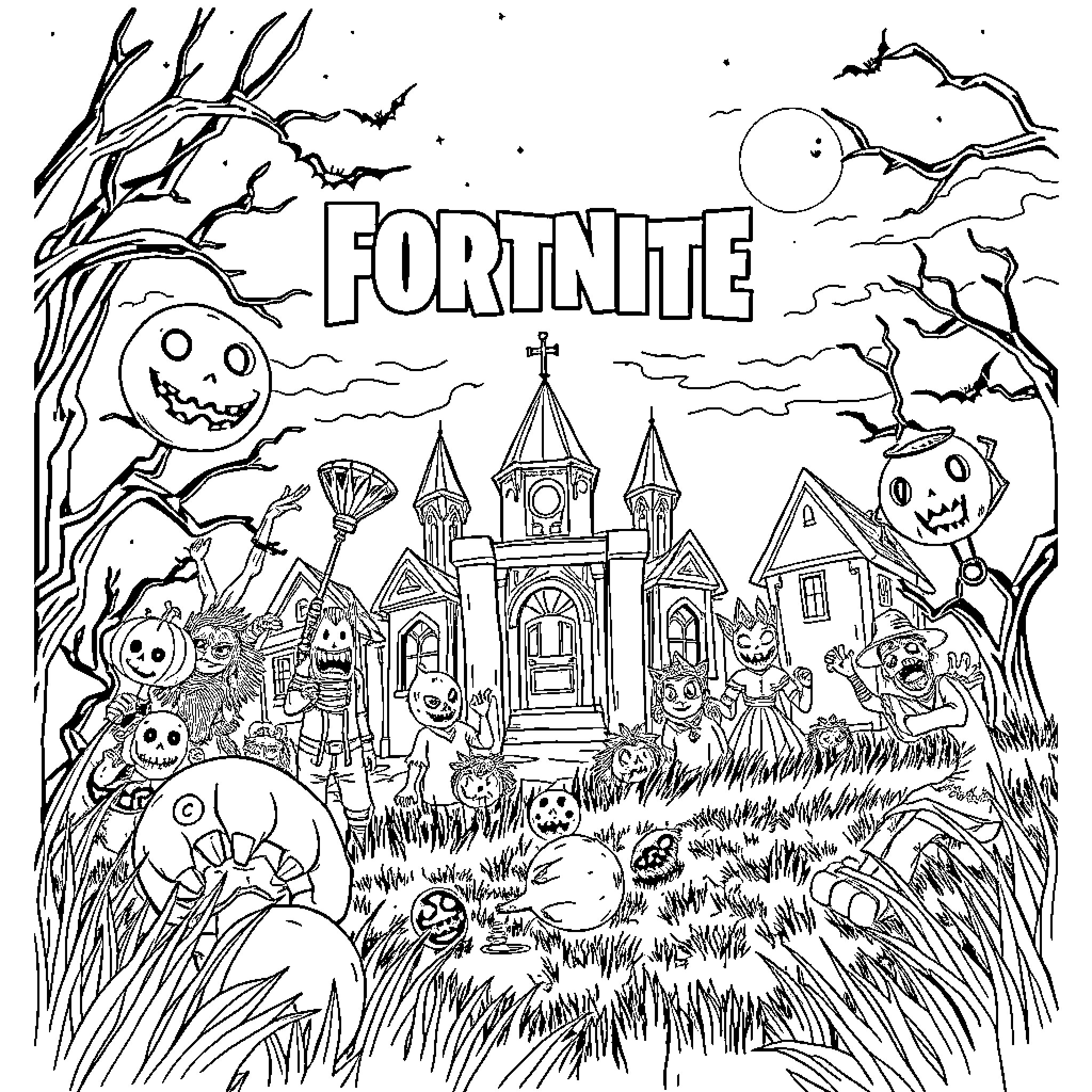 Fortnite Halloween-themed scene with characters and scenery Coloring Page (free black-and-white line drawing printable PDF for all, from beginners to advanced learners, including children, teens, adults, and seniors)