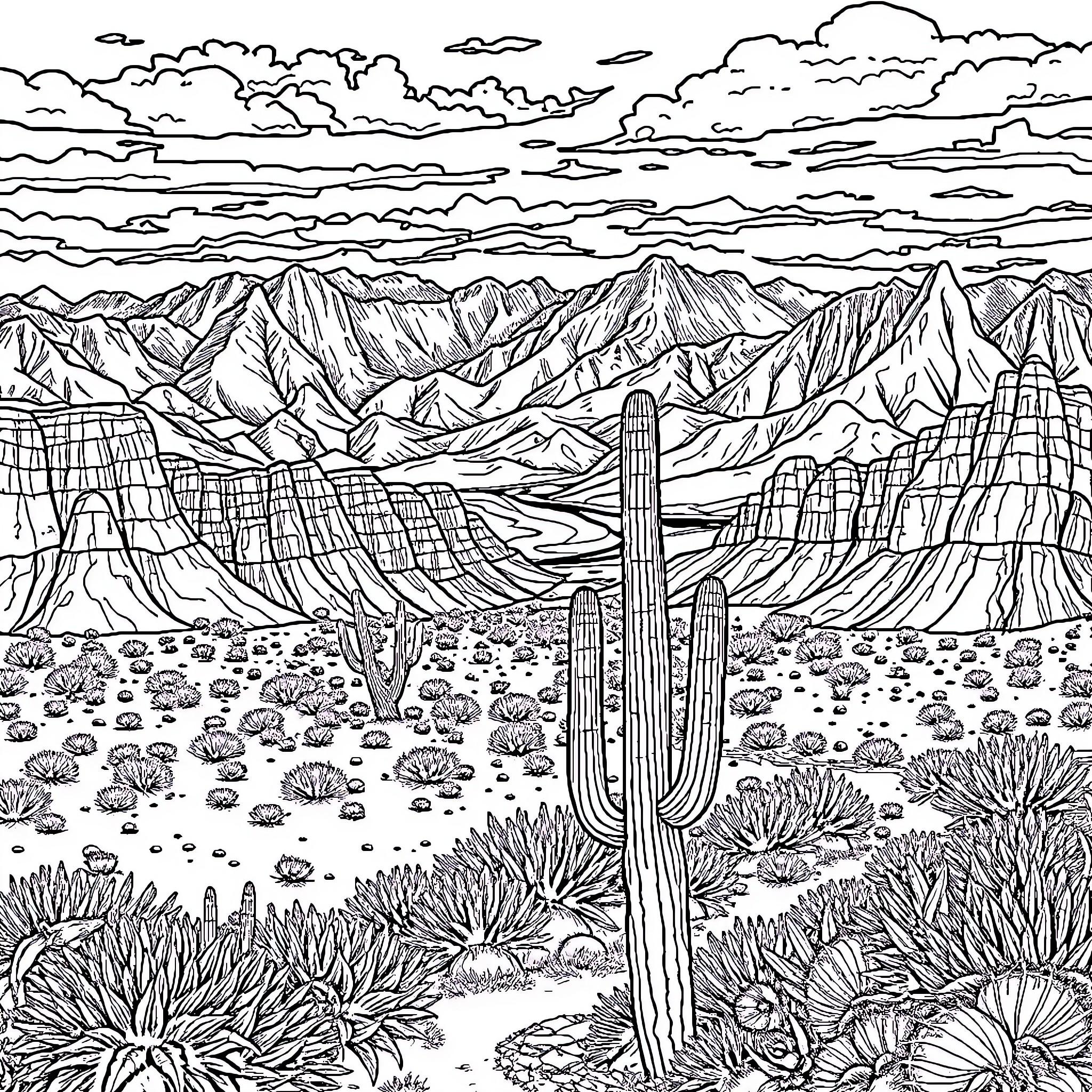 Sonora Desert Landscape with Cactus and Mountain Ranges Coloring Page (free black-and-white line drawing printable PDF for all, from beginners to advanced learners, including children, teens, adults, and seniors)