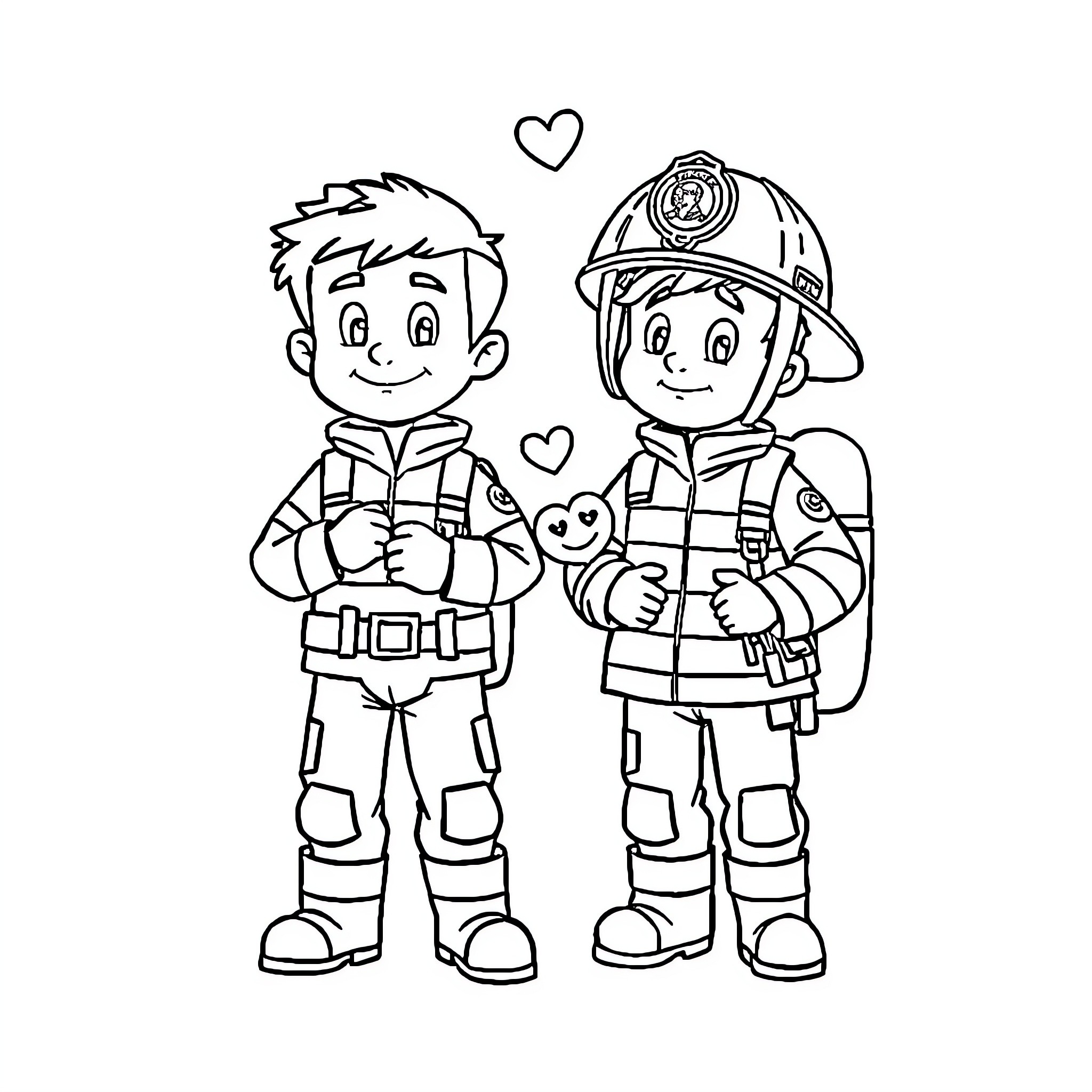 Sam's Firefighter Buddies Sharing Camaraderie Coloring Page (free black-and-white line drawing printable PDF for all, from beginners to advanced learners, including children, teens, adults, and seniors)