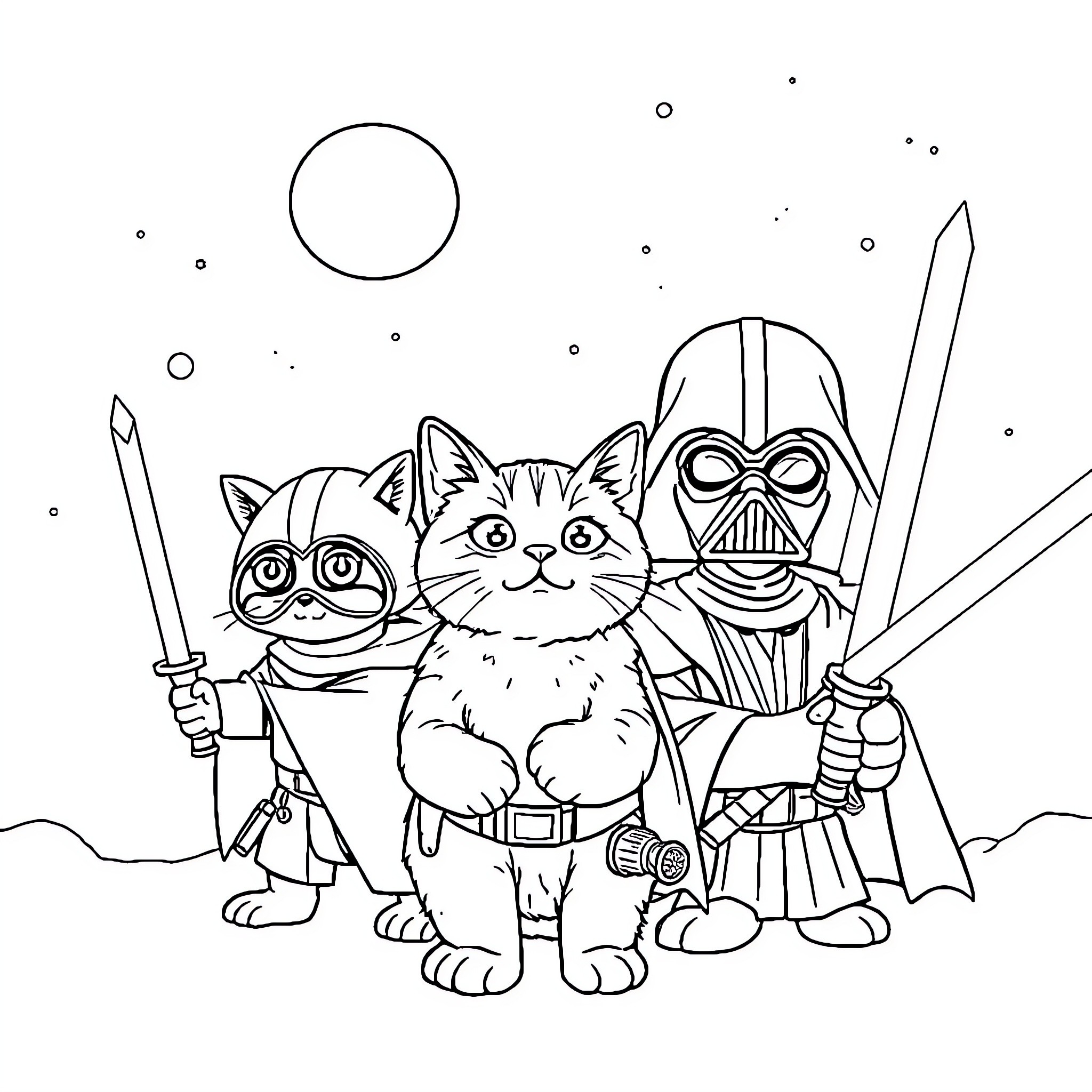 Cat in space with sci-fi characters Coloring Page (free black-and-white line drawing printable PDF for all, from beginners to advanced learners, including children, teens, adults, and seniors)