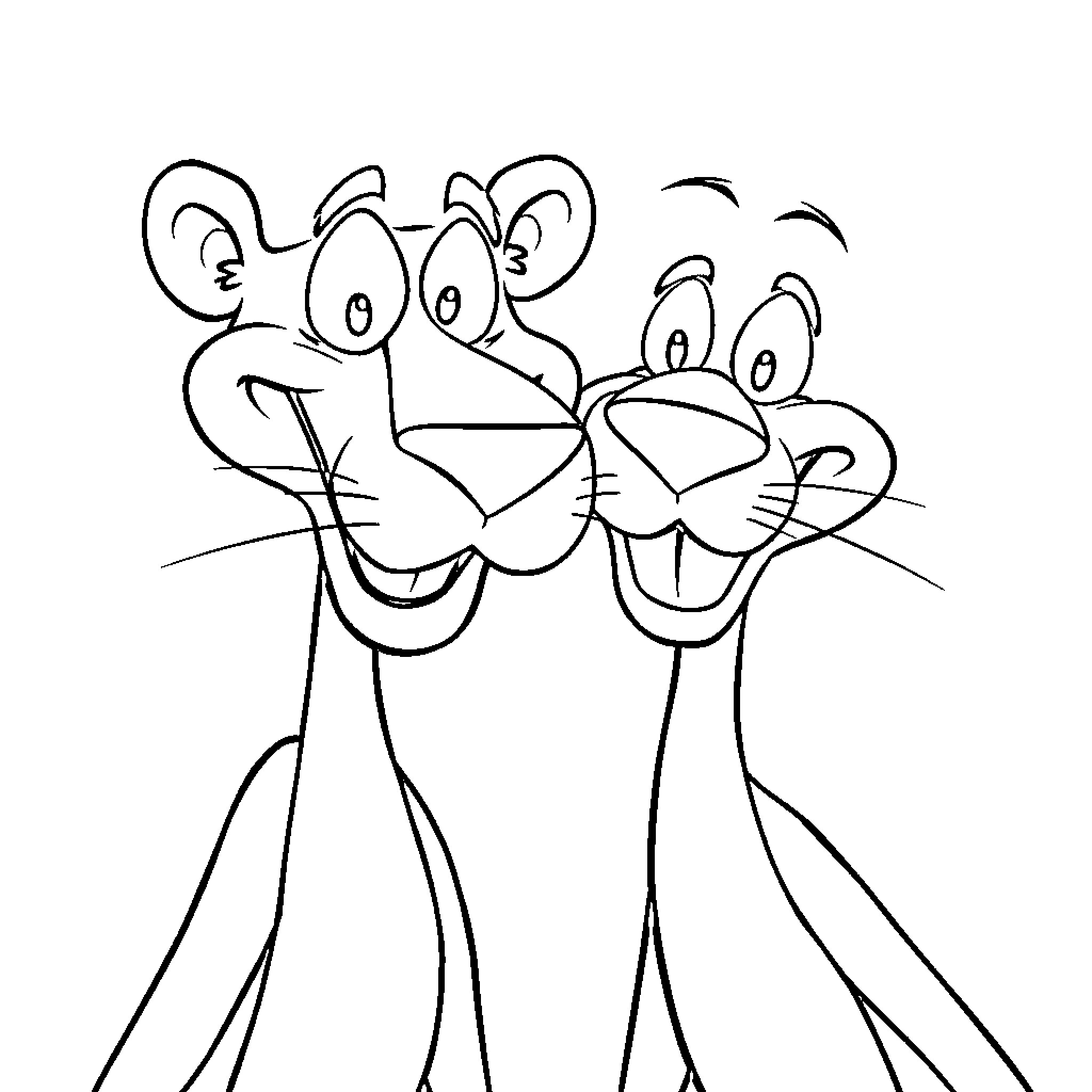 Panther Cartoon Characters Posing Together Coloring Page (free black-and-white line drawing printable PDF for all, from beginners to advanced learners, including children, teens, adults, and seniors)