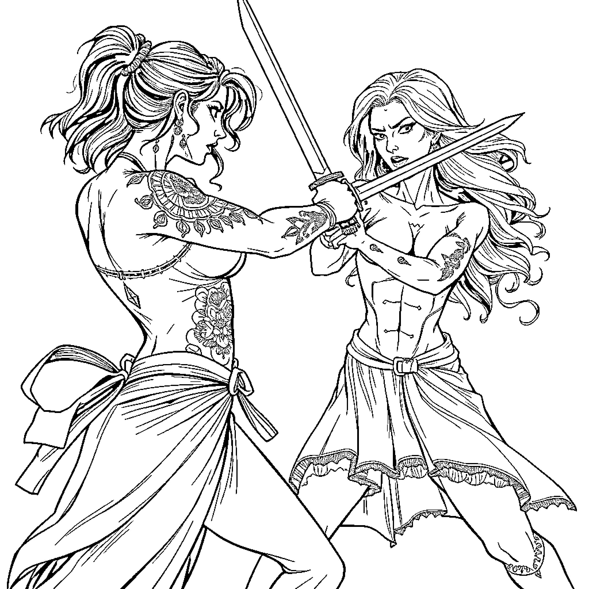 Woman warriors engaged in fierce combat Coloring Page (free black-and-white line drawing printable PDF for all, from beginners to advanced learners, including children, teens, adults, and seniors)