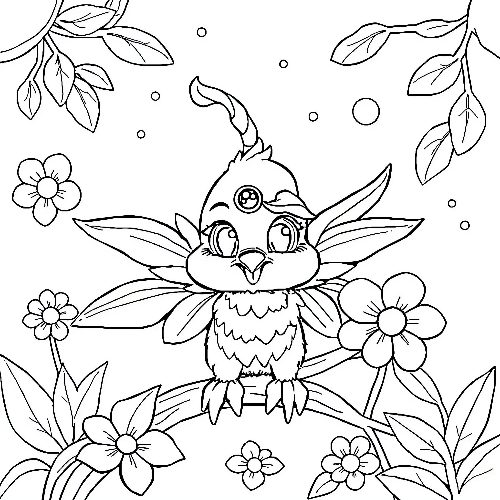 Rabbit among flowers with cute expression Coloring Page (free black-and-white line drawing printable PDF for all, from beginners to advanced learners, including children, teens, adults, and seniors)