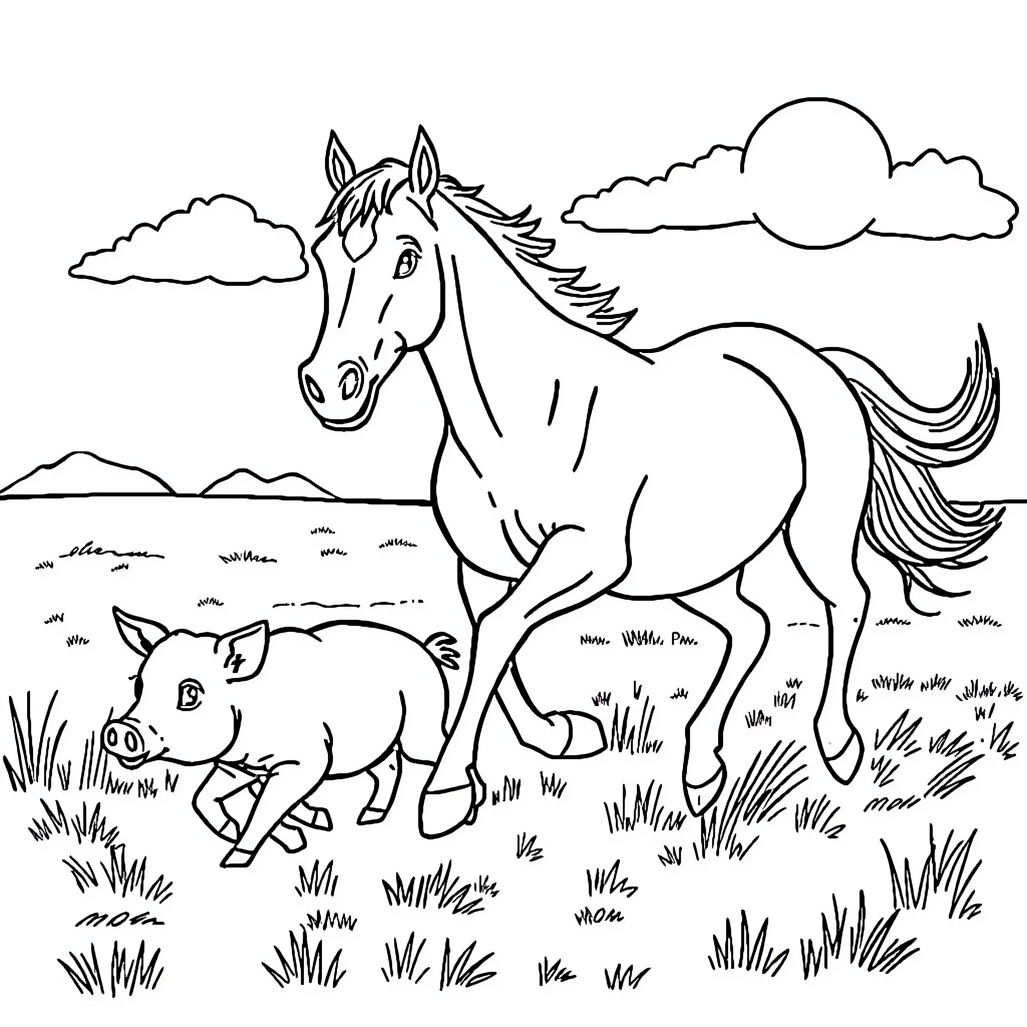 Horse and piglet in a grassy field Coloring Page (free black-and-white line drawing printable PDF for all, from beginners to advanced learners, including children, teens, adults, and seniors)