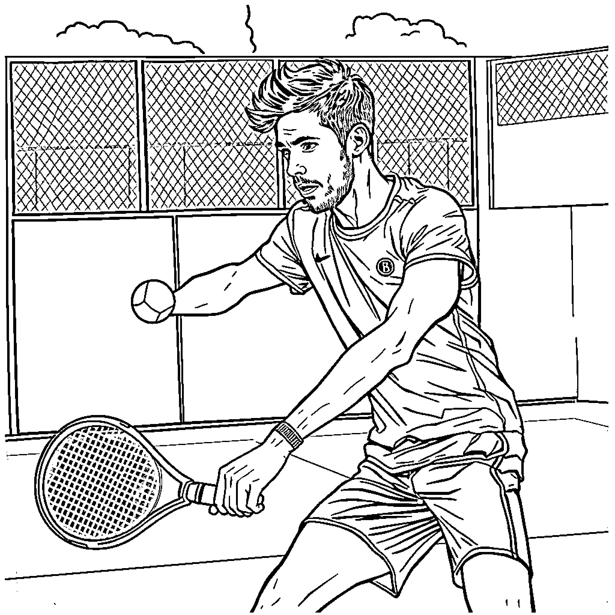 Christian Pulisic playing tennis on a court Coloring Page (free black-and-white line drawing printable PDF for all, from beginners to advanced learners, including children, teens, adults, and seniors)