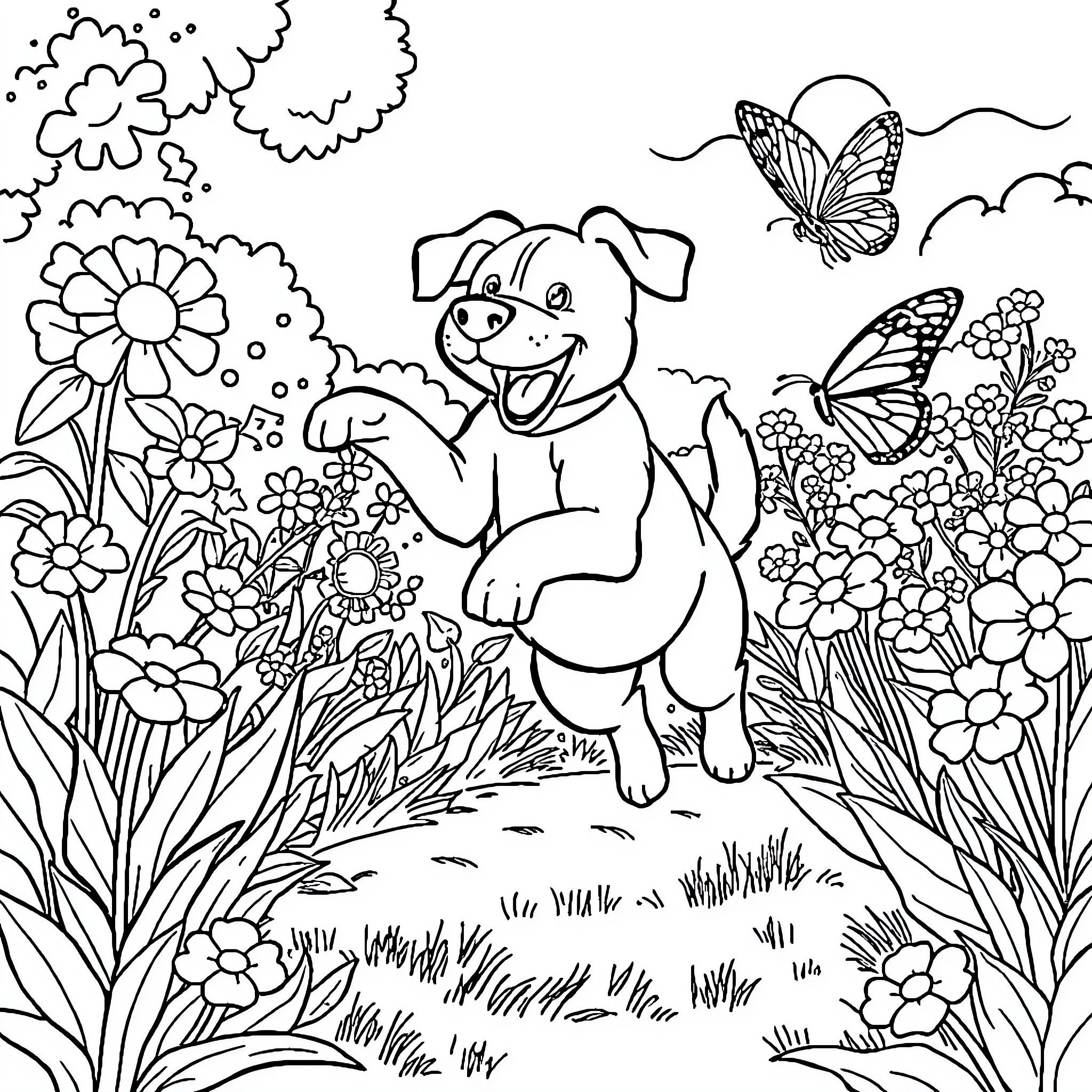Dog playing happily in a flower garden Coloring Page (free black-and-white line drawing printable PDF for all, from beginners to advanced learners, including children, teens, adults, and seniors)
