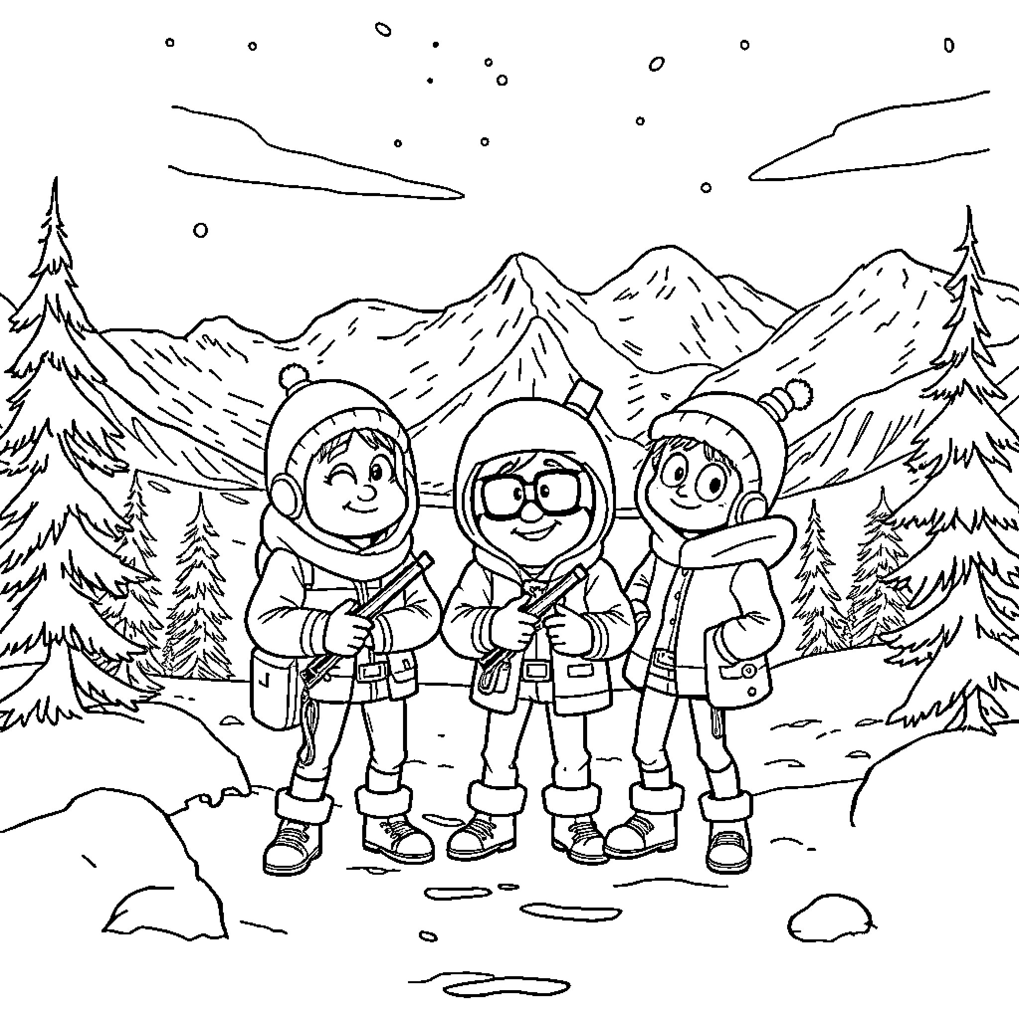 Odd Squad: Friends Exploring Wintry Wonderland Coloring Page (free black-and-white line drawing printable PDF for all, from beginners to advanced learners, including children, teens, adults, and seniors)