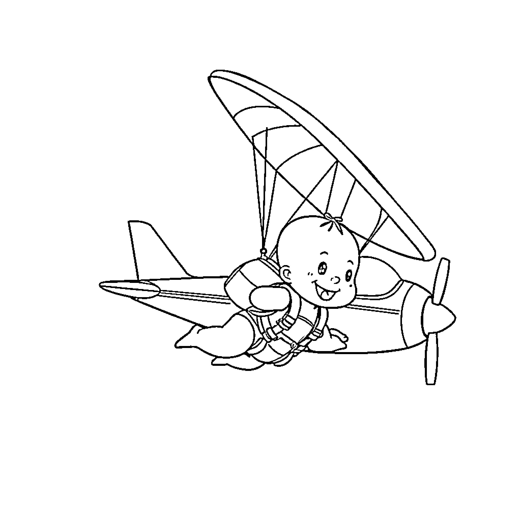 Baby flying happily in a toy plane Coloring Page (free black-and-white line drawing printable PDF for all, from beginners to advanced learners, including children, teens, adults, and seniors)