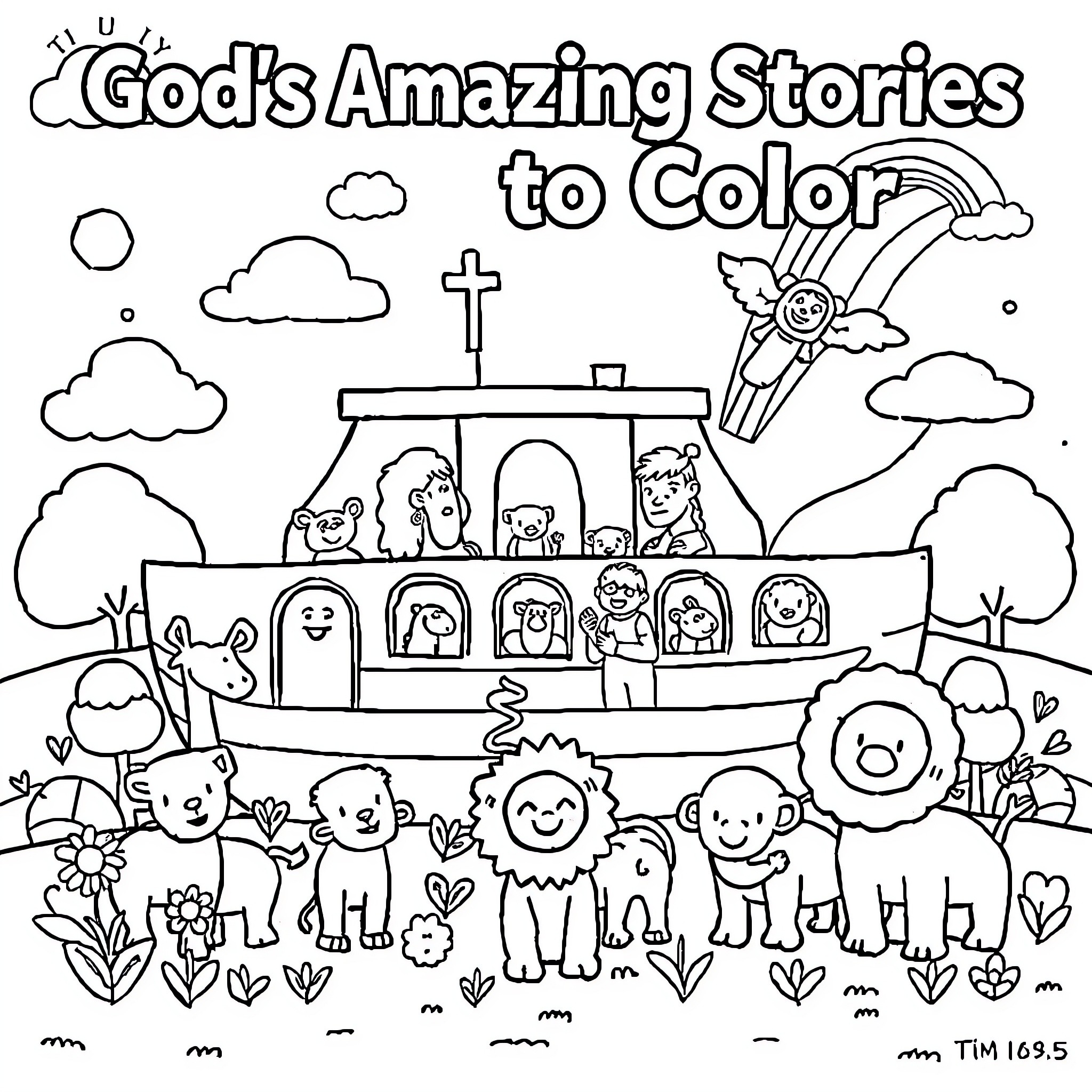 Bible Scenes with Cartoon Characters to Color Coloring Page (free black-and-white line drawing printable PDF for all, from beginners to advanced learners, including children, teens, adults, and seniors)