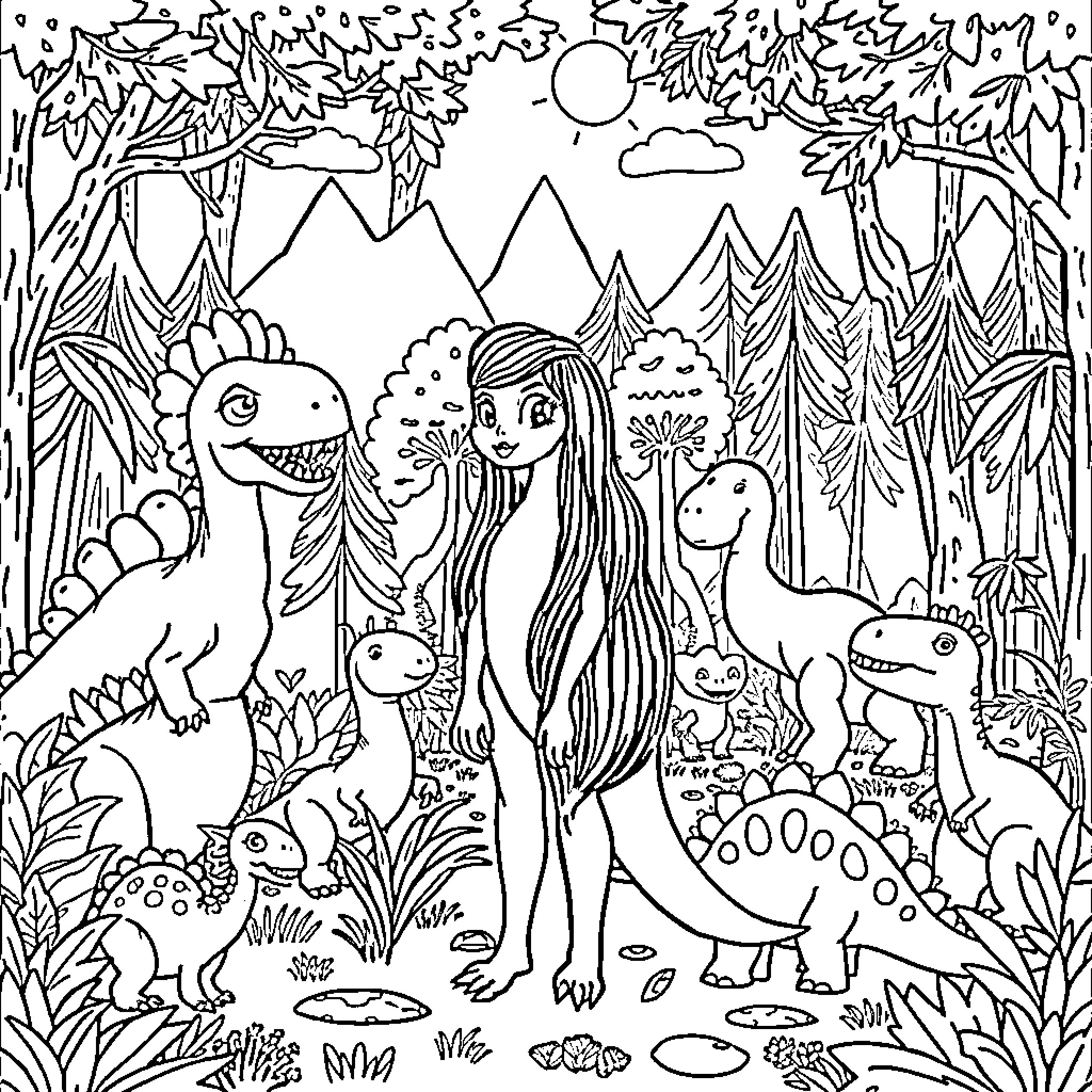 Snow White in a Whimsical Dinosaur Adventure Coloring Page (free black-and-white line drawing printable PDF for all, from beginners to advanced learners, including children, teens, adults, and seniors)