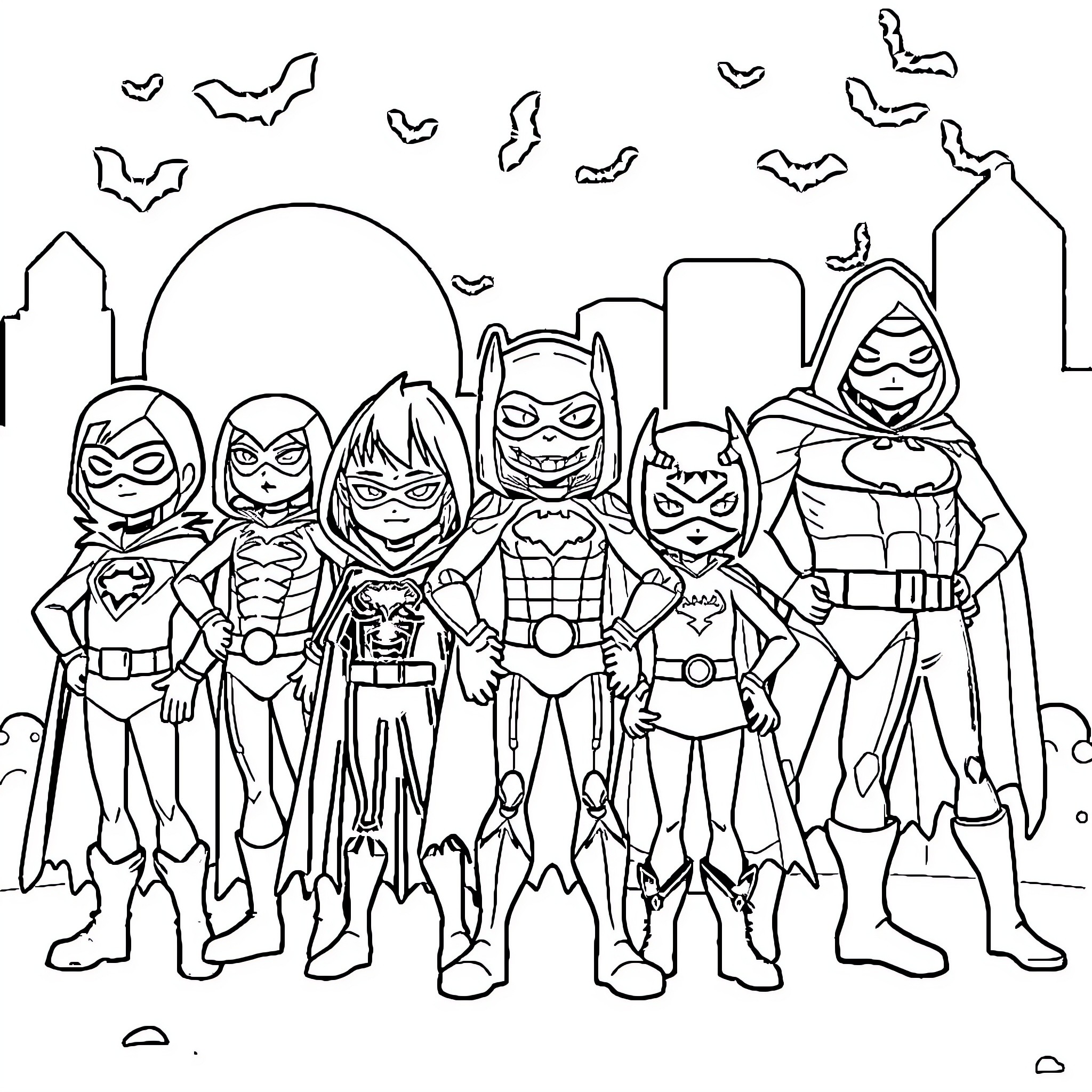 Superhero Team Striking Dramatic Poses Coloring Page (free black-and-white line drawing printable PDF for all, from beginners to advanced learners, including children, teens, adults, and seniors)