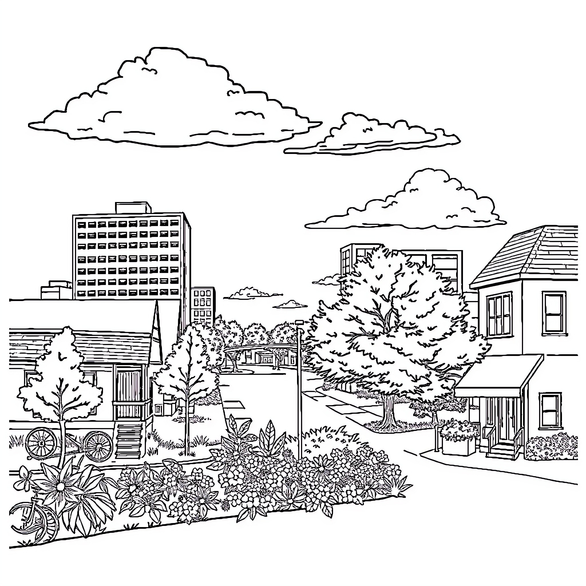Richmond Cityscape with Buildings, Trees, and Foliage Coloring Page (free black-and-white line drawing printable PDF for all, from beginners to advanced learners, including children, teens, adults, and seniors)