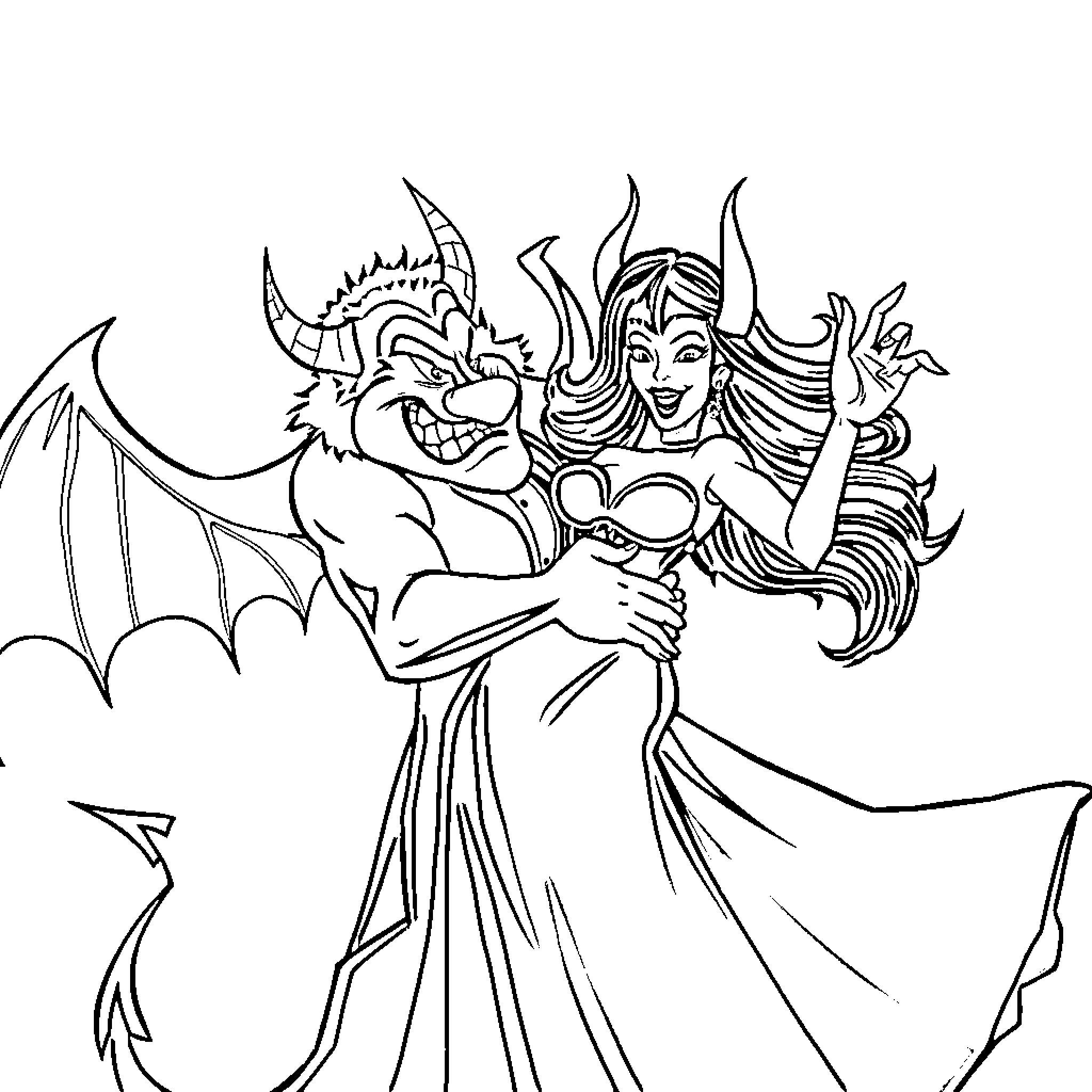 Taz and Enchantress in Whimsical Dance Coloring Page (free black-and-white line drawing printable PDF for all, from beginners to advanced learners, including children, teens, adults, and seniors)