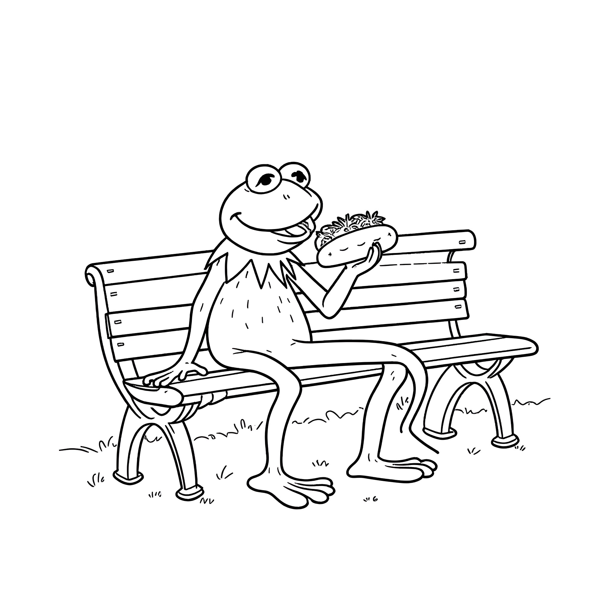 Kermit and his friend relaxing on a park bench Coloring Page (free black-and-white line drawing printable PDF for all, from beginners to advanced learners, including children, teens, adults, and seniors)