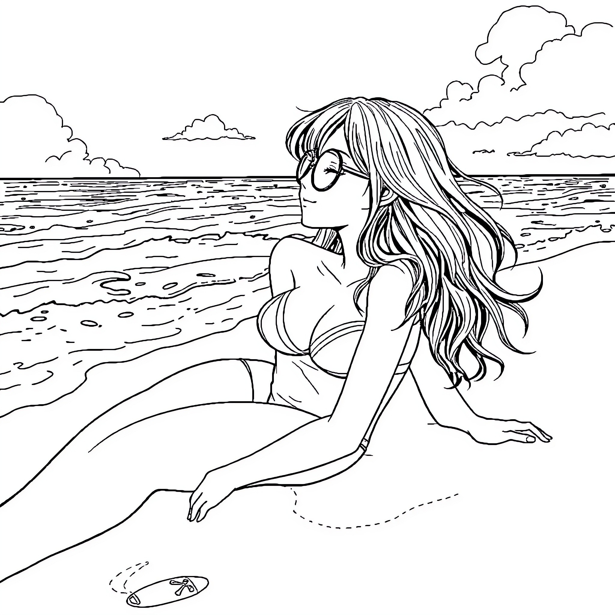 Sorayama: Woman relaxing on the beach Coloring Page (free black-and-white line drawing printable PDF for all, from beginners to advanced learners, including children, teens, adults, and seniors)