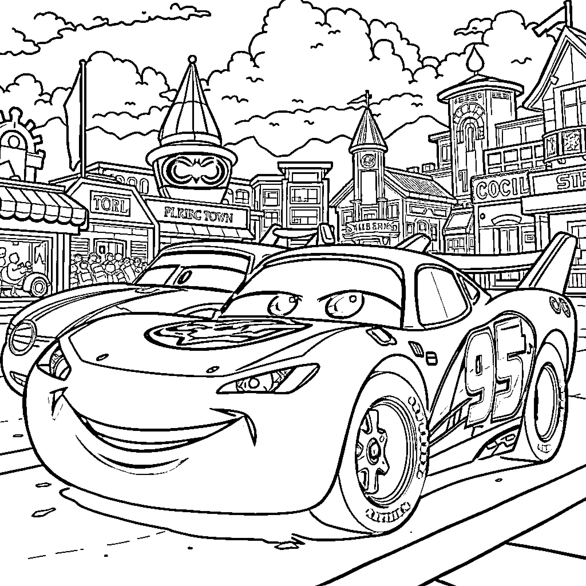 Car racing through a whimsical town Coloring Page (free black-and-white line drawing printable PDF for all, from beginners to advanced learners, including children, teens, adults, and seniors)