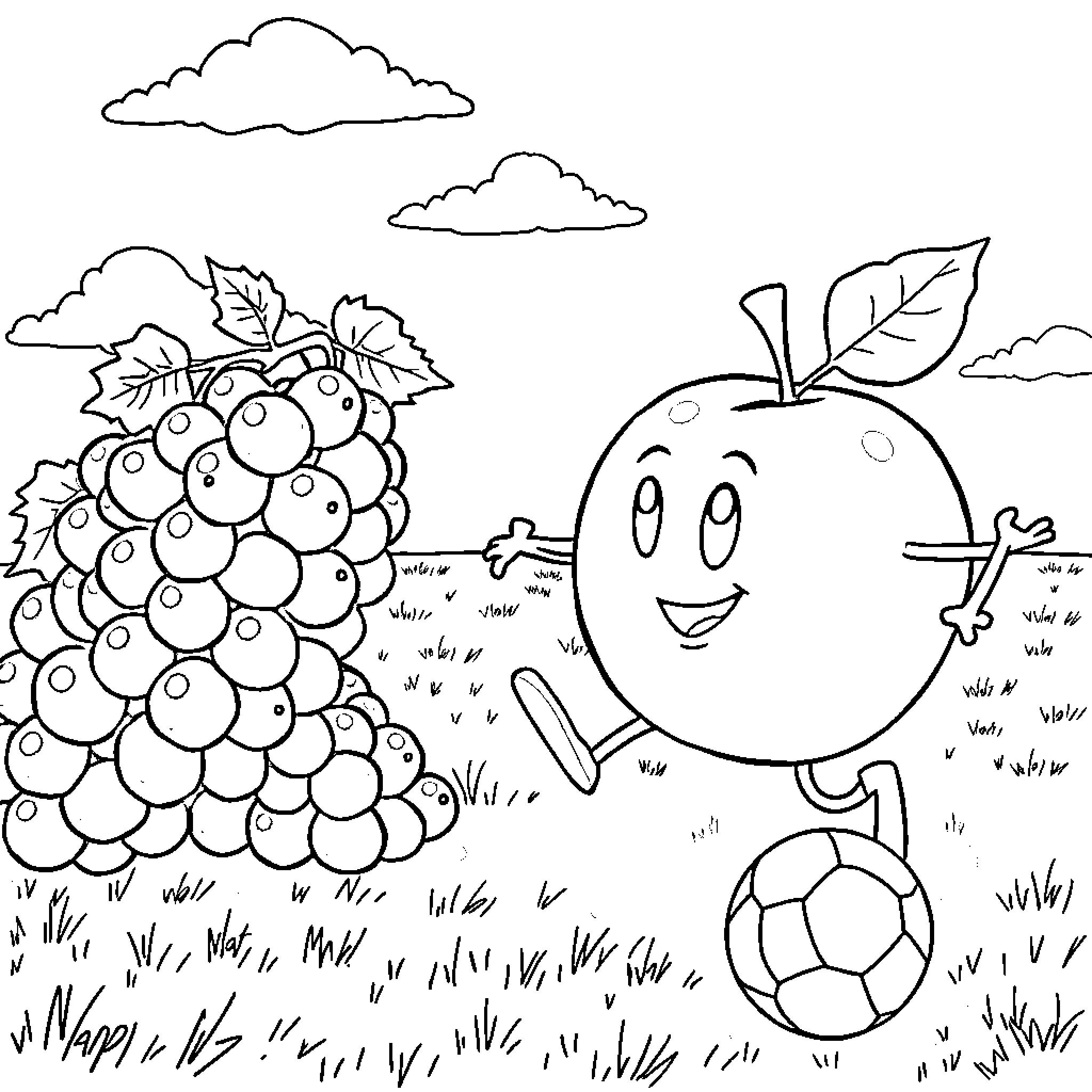 Fruit characters playing joyfully in the outdoors Coloring Page (free black-and-white line drawing printable PDF for all, from beginners to advanced learners, including children, teens, adults, and seniors)