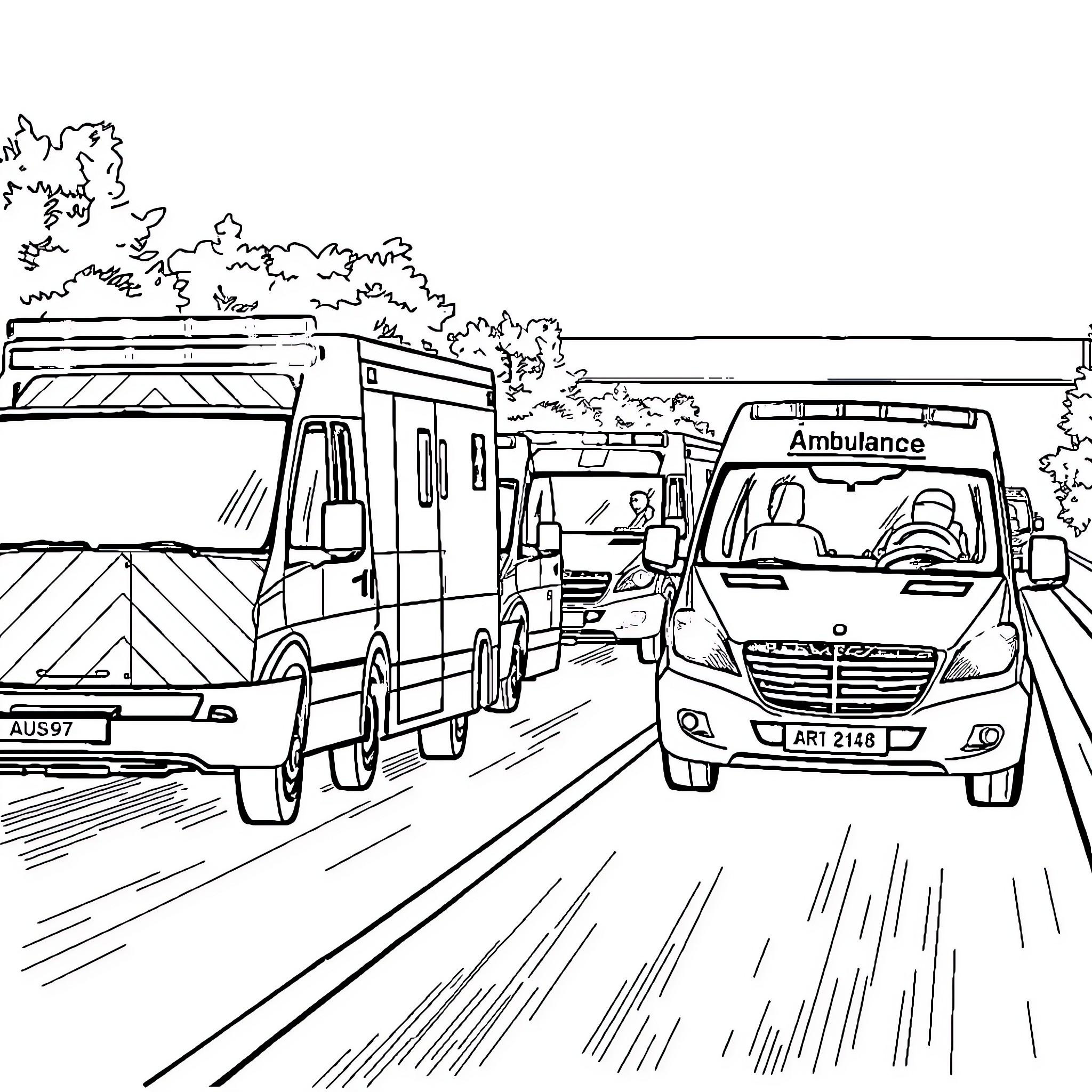 Ambulance vehicles responding to emergency on the road Coloring Page (free black-and-white line drawing printable PDF for all, from beginners to advanced learners, including children, teens, adults, and seniors)