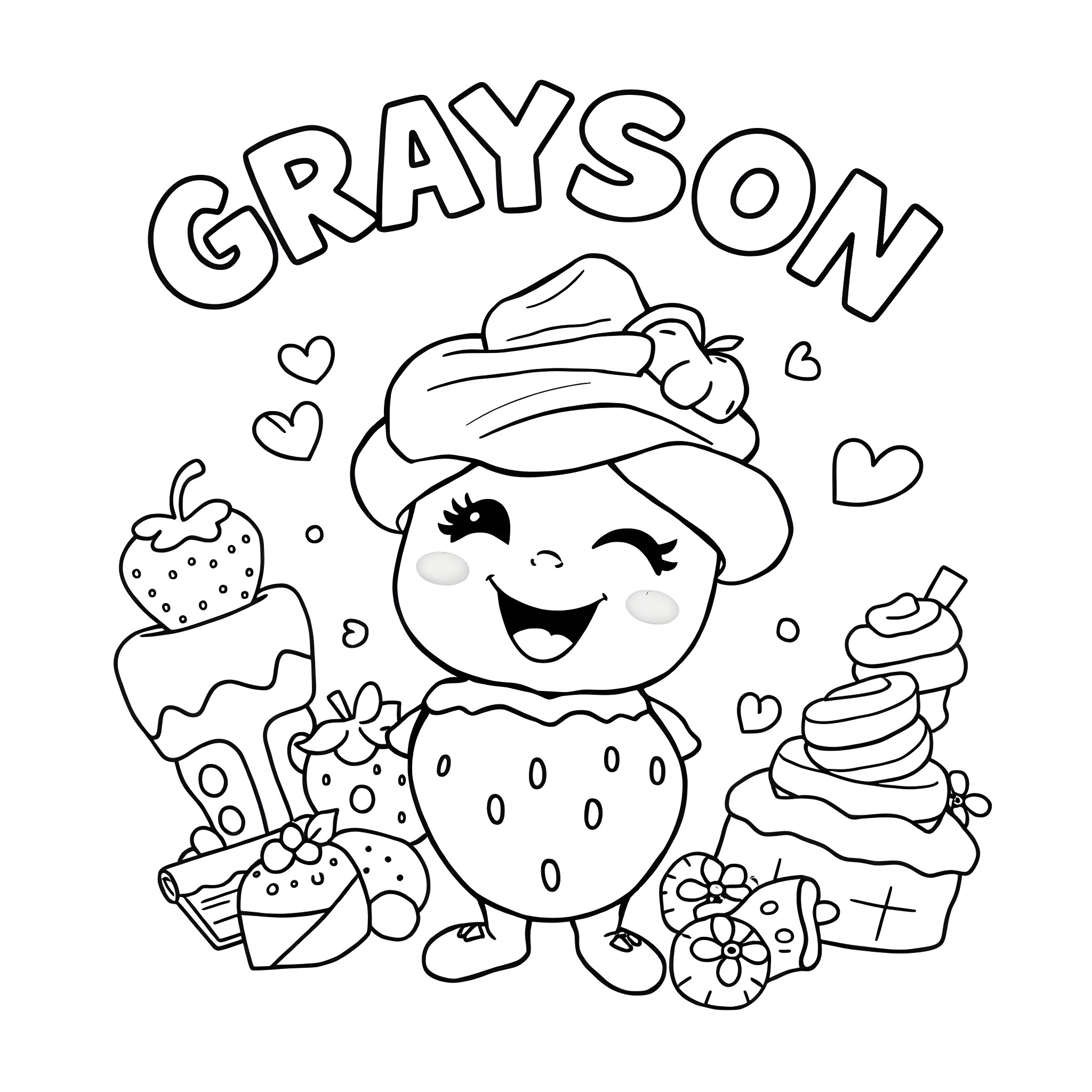 Strawberry Shortcake having fun with desserts Coloring Page (free black-and-white line drawing printable PDF for all, from beginners to advanced learners, including children, teens, adults, and seniors)