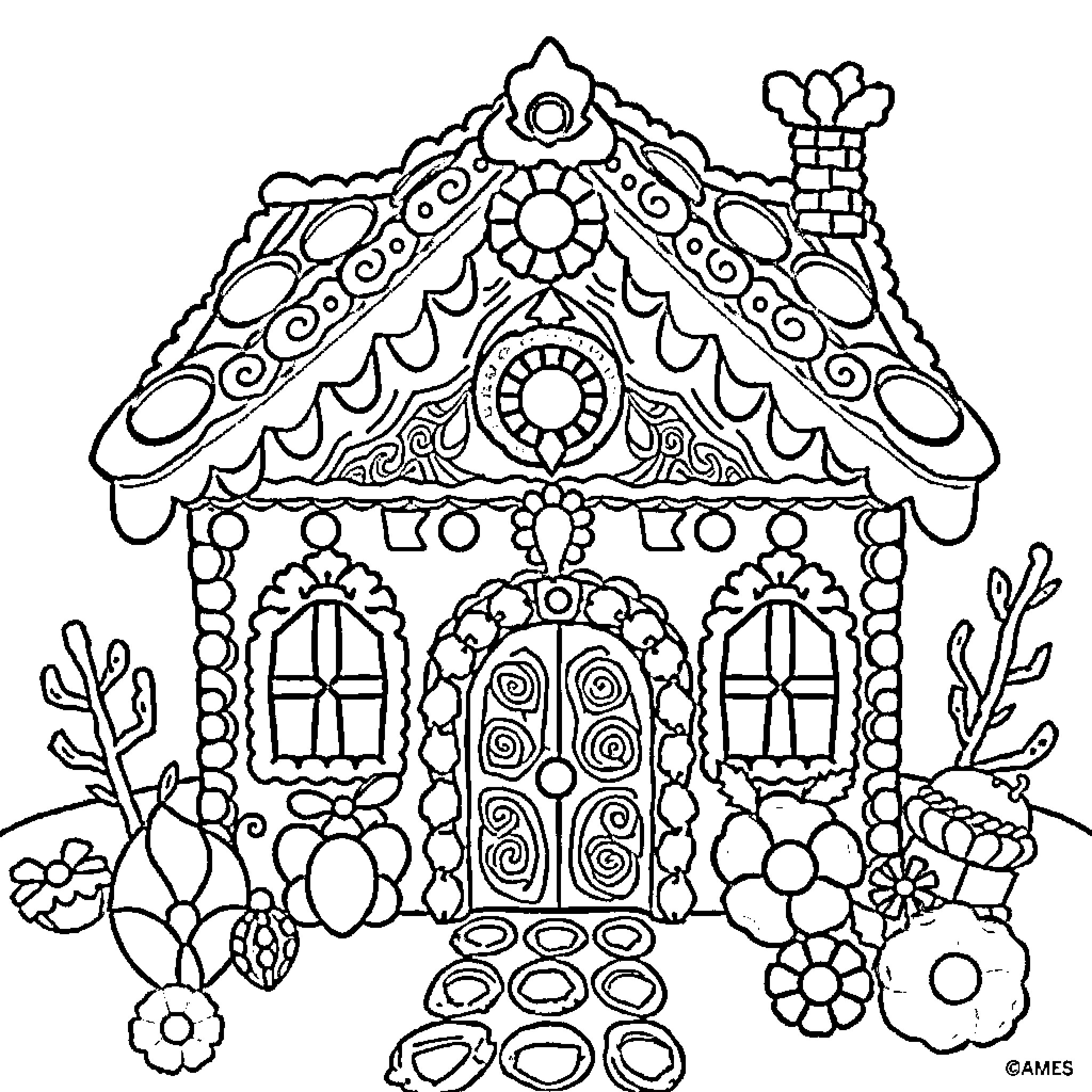 Gingerbread House with intricate designs and decorations Coloring Page (free black-and-white line drawing printable PDF for all, from beginners to advanced learners, including children, teens, adults, and seniors)