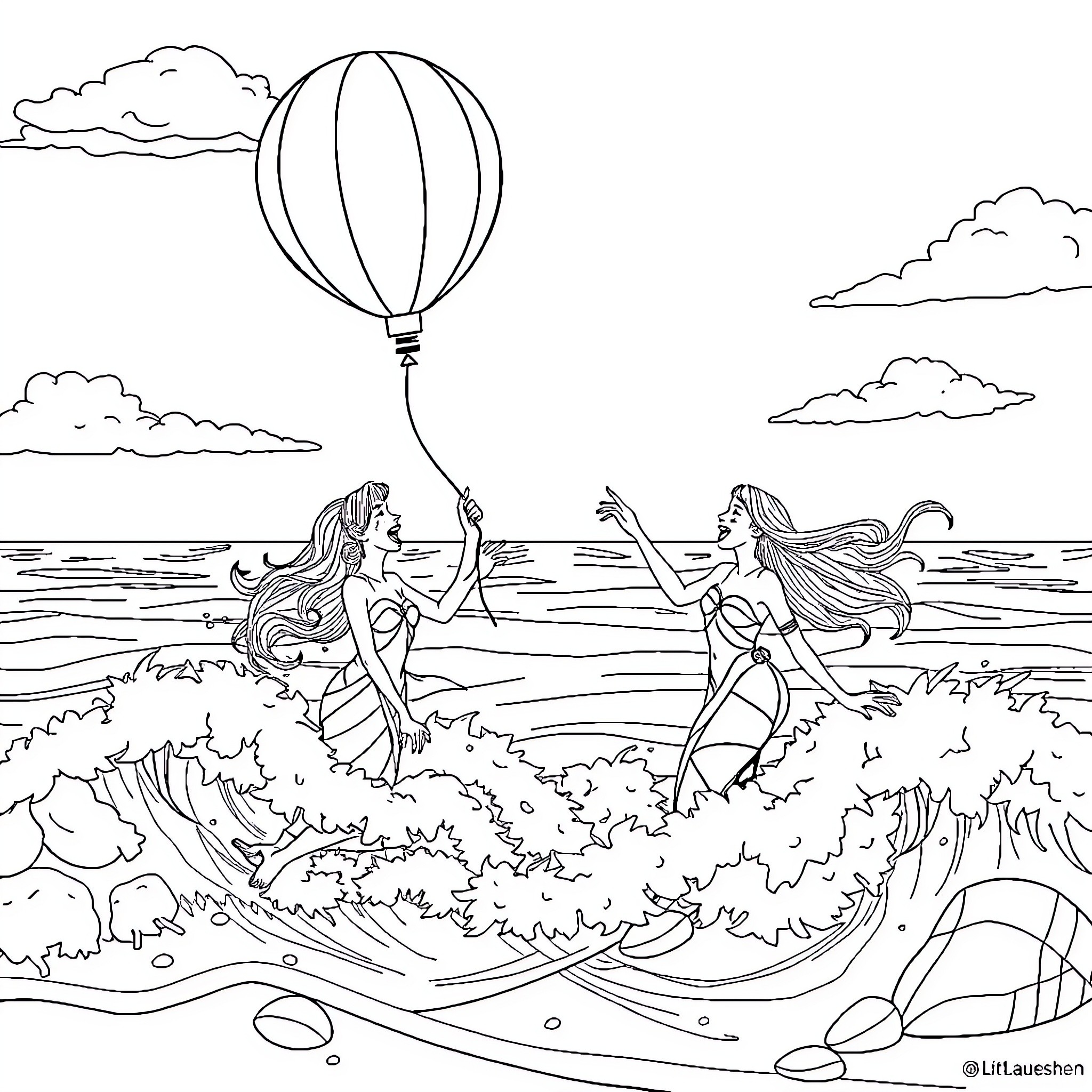 Siren Mermaids Frolicking in the Ocean Coloring Page (free black-and-white line drawing printable PDF for all, from beginners to advanced learners, including children, teens, adults, and seniors)