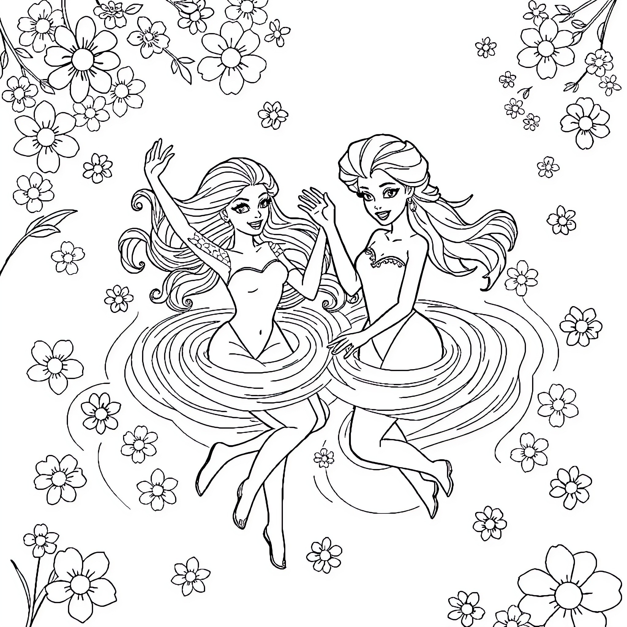 Barbie friends having a joyful dance in a flowery scene Coloring Page (free black-and-white line drawing printable PDF for all, from beginners to advanced learners, including children, teens, adults, and seniors)