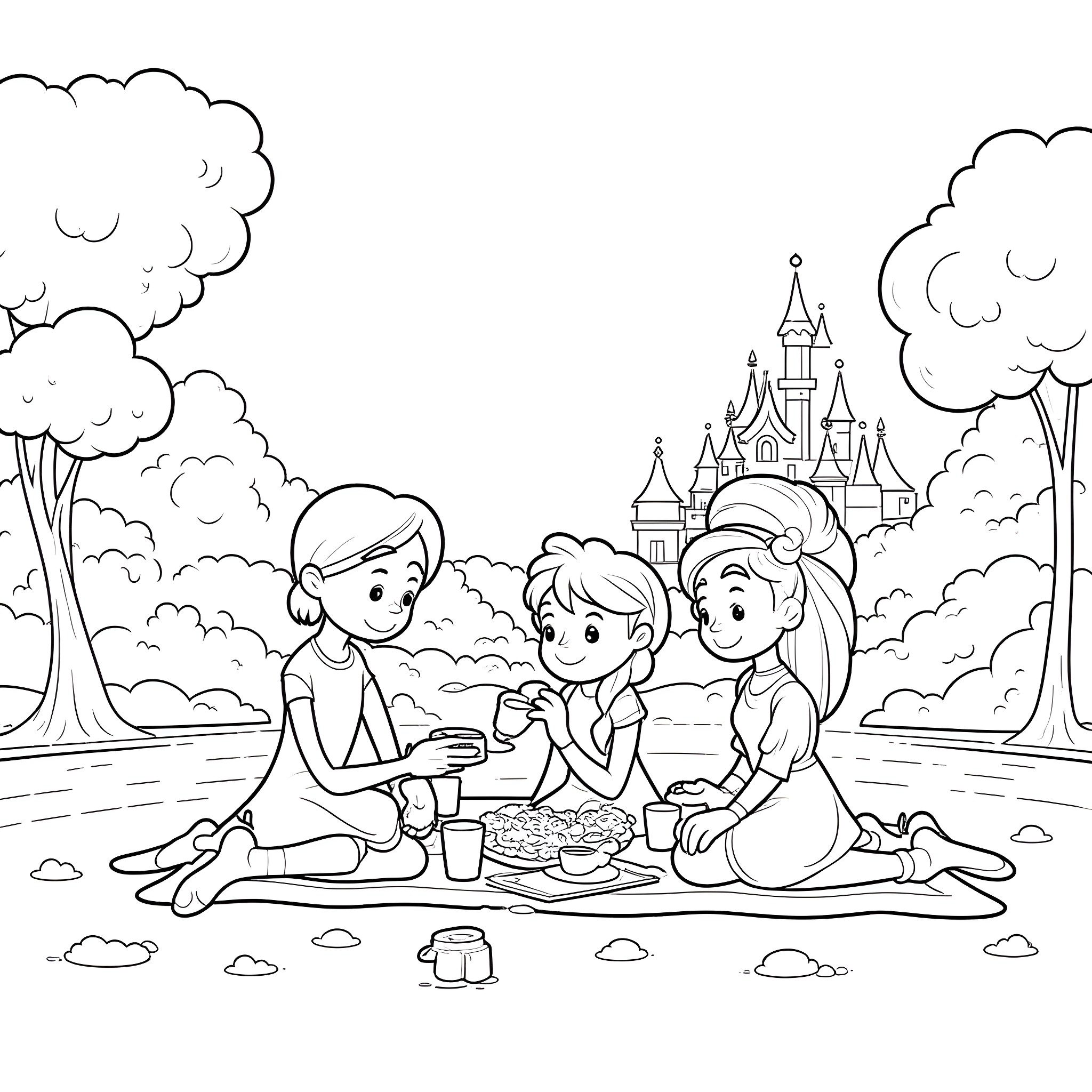 Bluey's Family Picnic in the Park Coloring Page (free black-and-white line drawing printable PDF for all, from beginners to advanced learners, including children, teens, adults, and seniors)